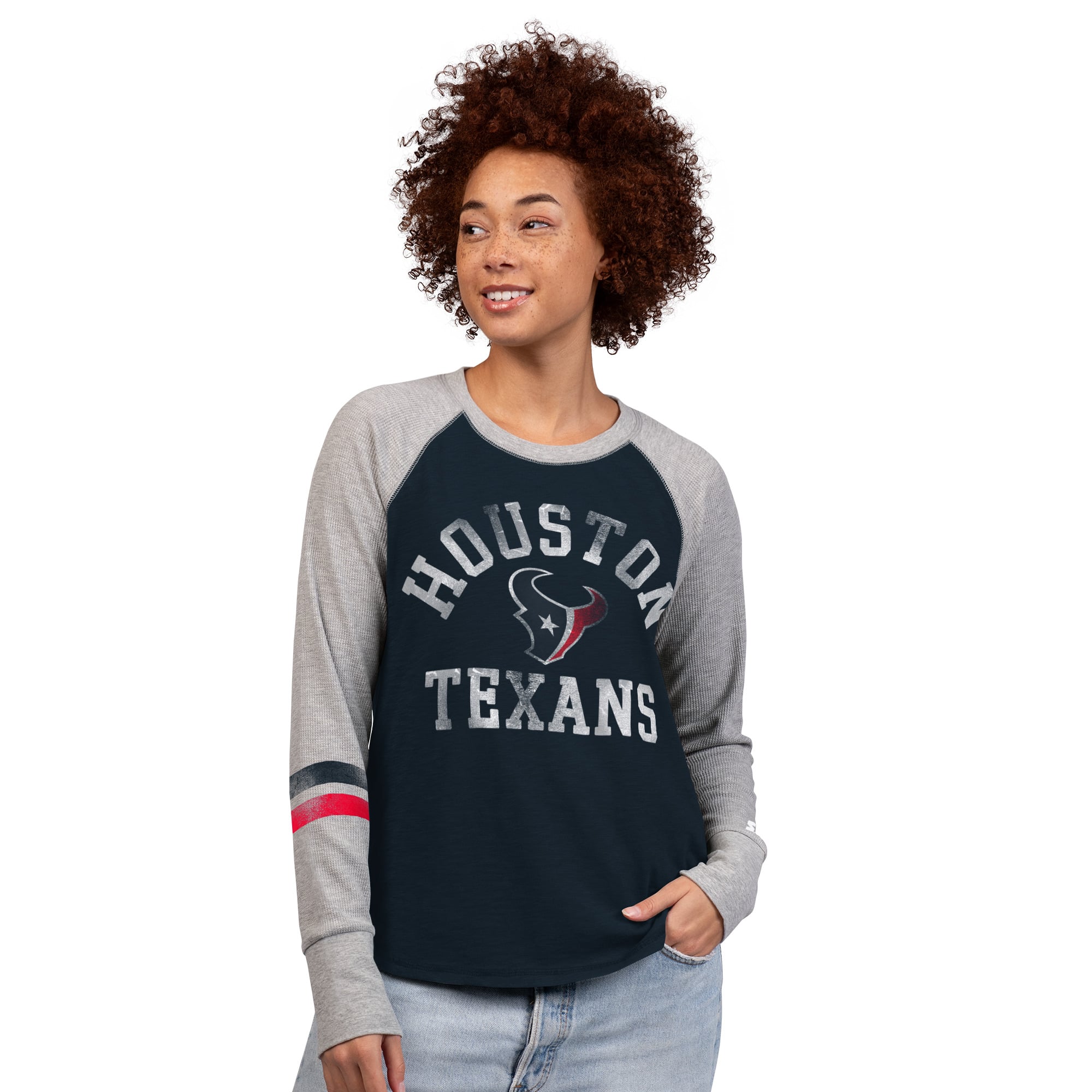 T-shirt à manches longues raglan en maille gaufrée Starter pour femmes, bleu marine/gris, Houston Texans