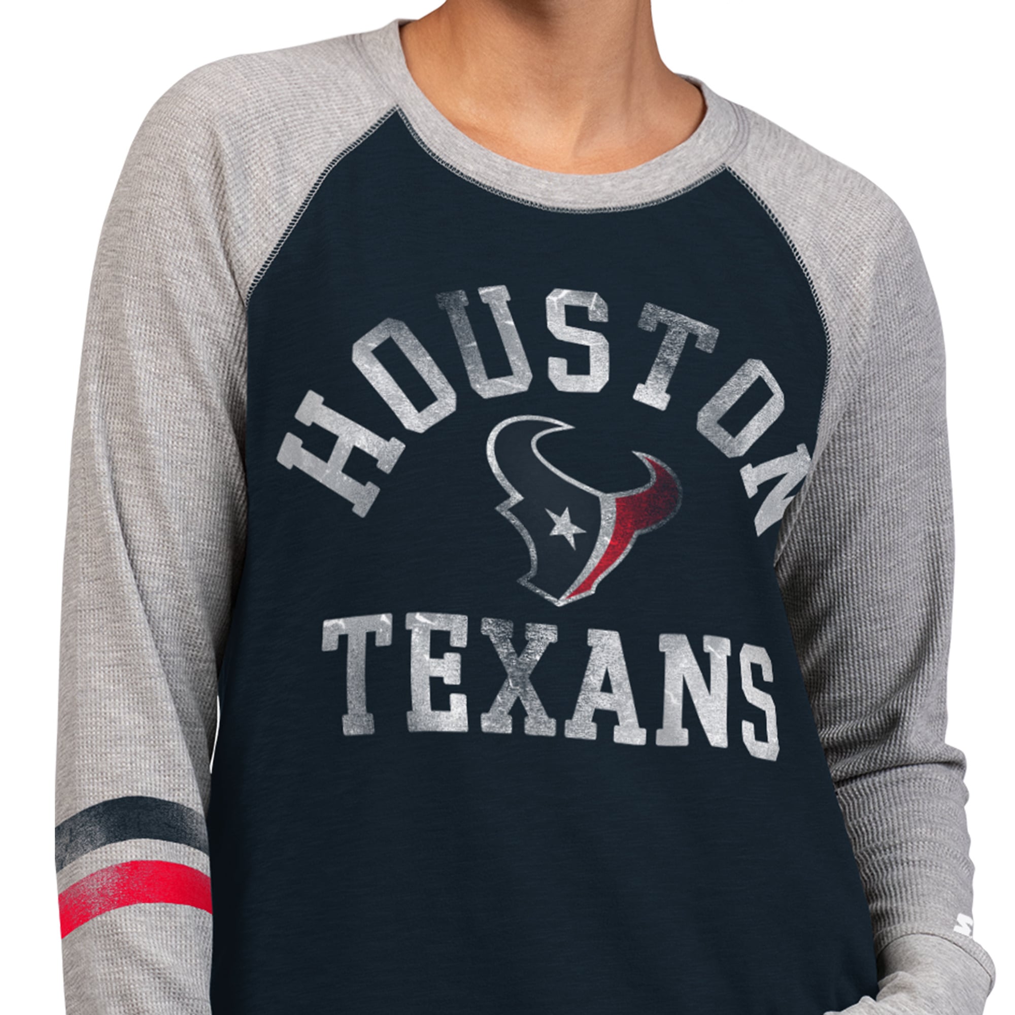 T-shirt à manches longues raglan en maille gaufrée Starter pour femmes, bleu marine/gris, Houston Texans