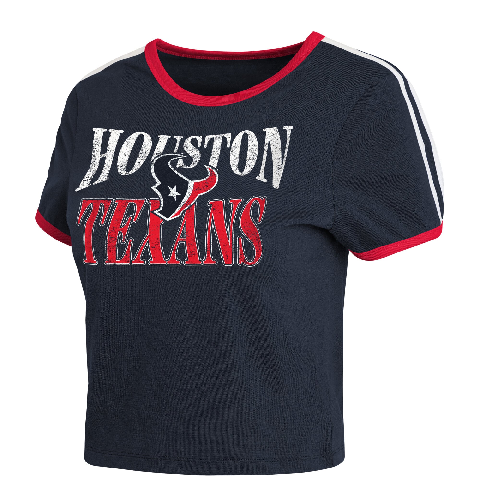 Women's WEAR by Erin Andrews Navy Houston Texans Cropped Throwback Ringer Baby T-Shirt