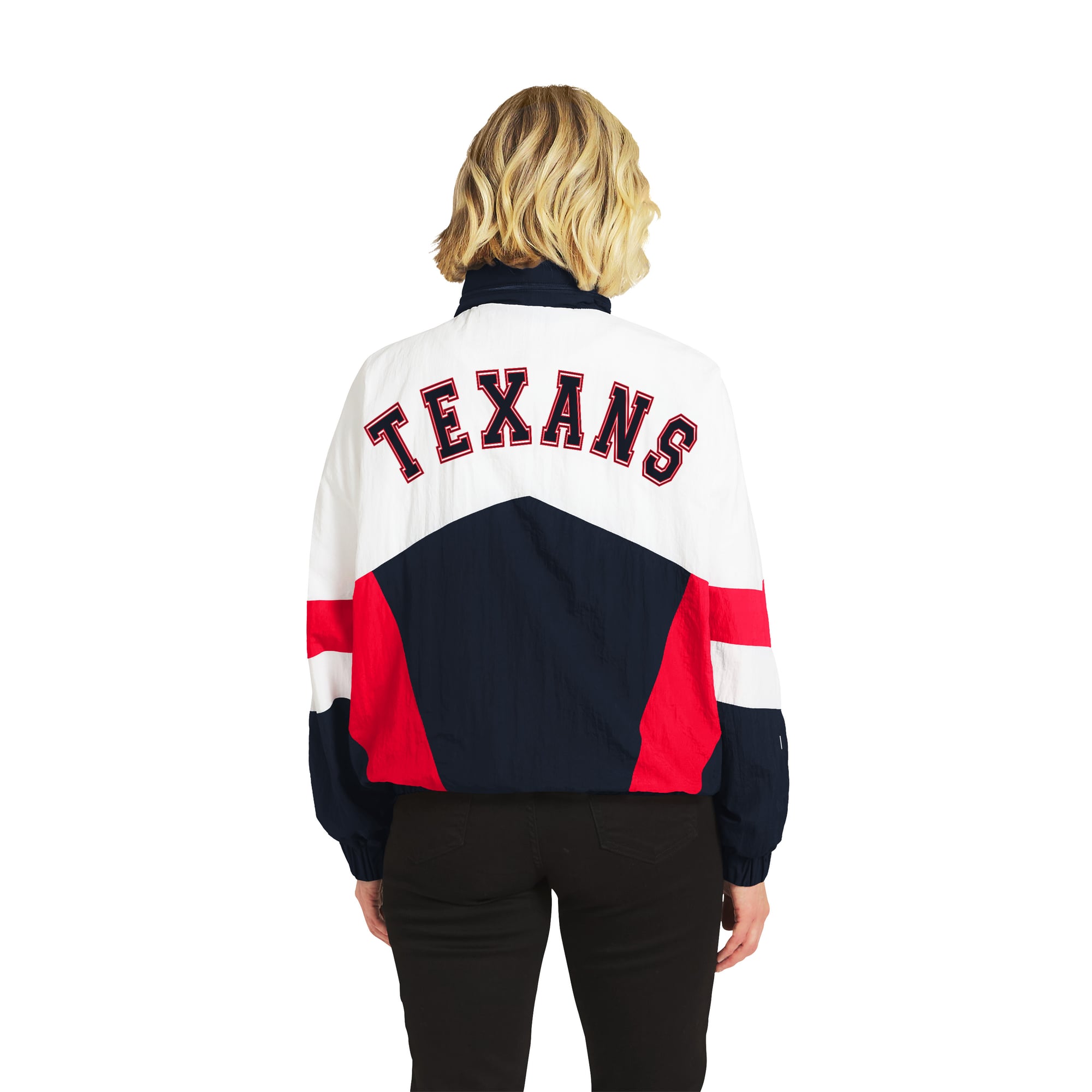Women's WEAR by Erin Andrews  White/Navy Houston Texans Crinkle Full-Snap Hooded Windbreaker Jacket