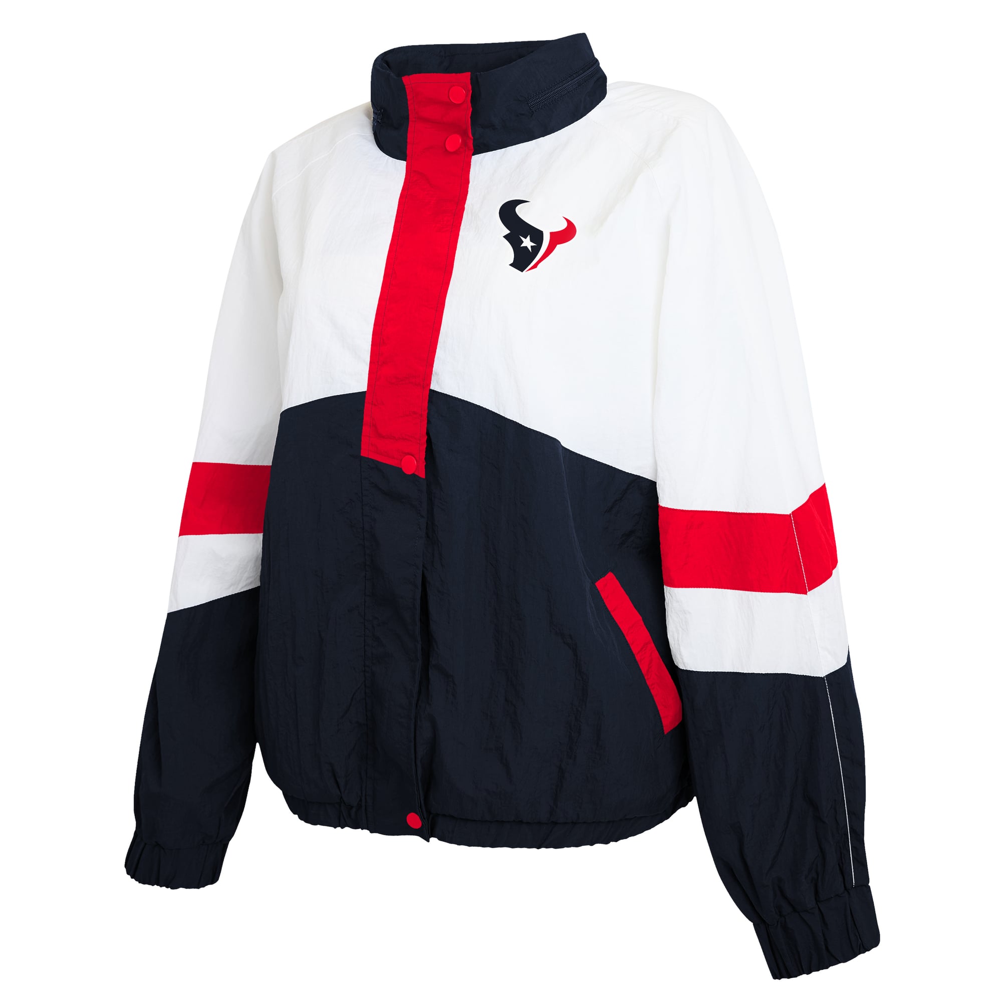 Women's WEAR by Erin Andrews  White/Navy Houston Texans Crinkle Full-Snap Hooded Windbreaker Jacket