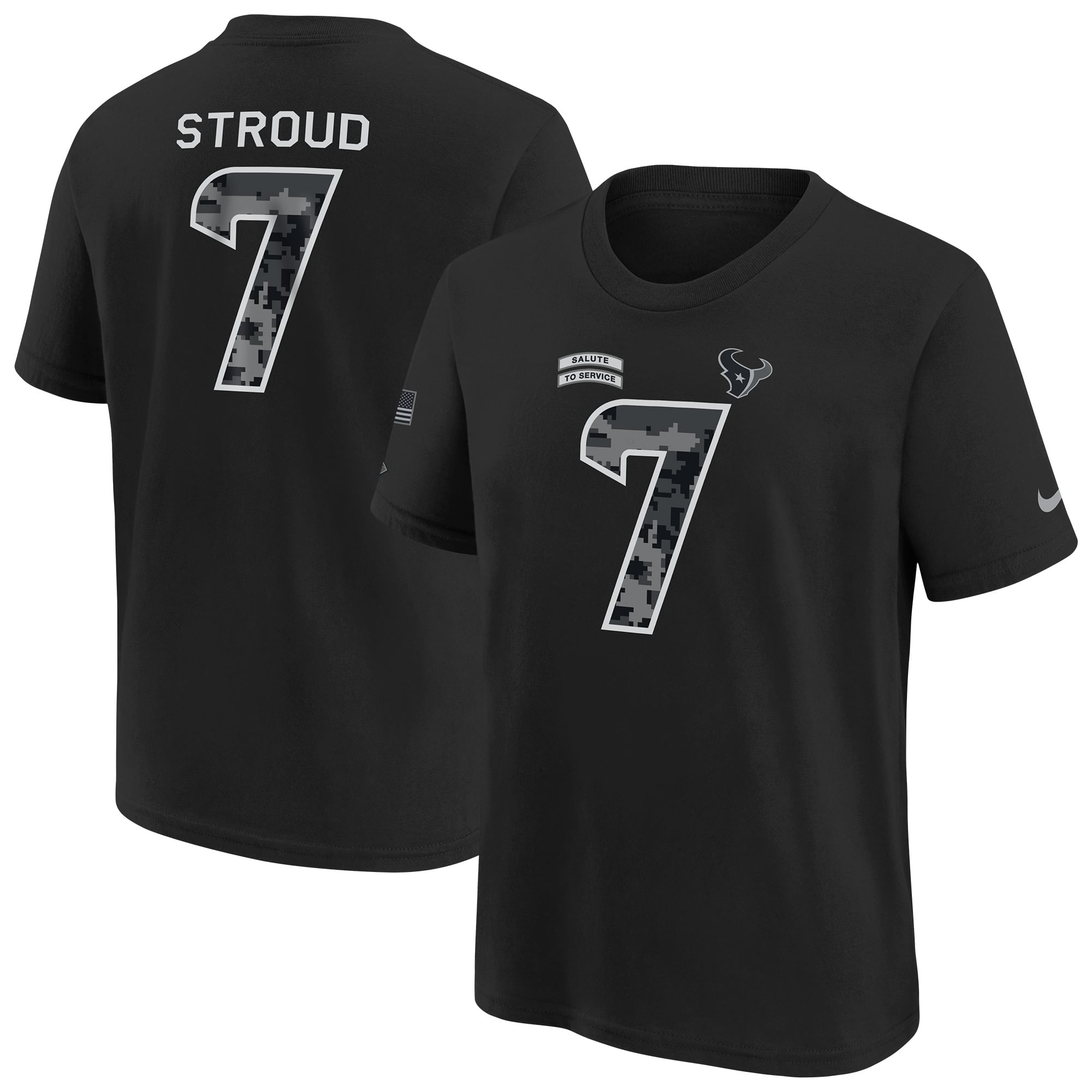 T-shirt Nike C.J. Stroud noir pour enfant, Houston Texans 2026, hommage au service militaire, nom et numéro