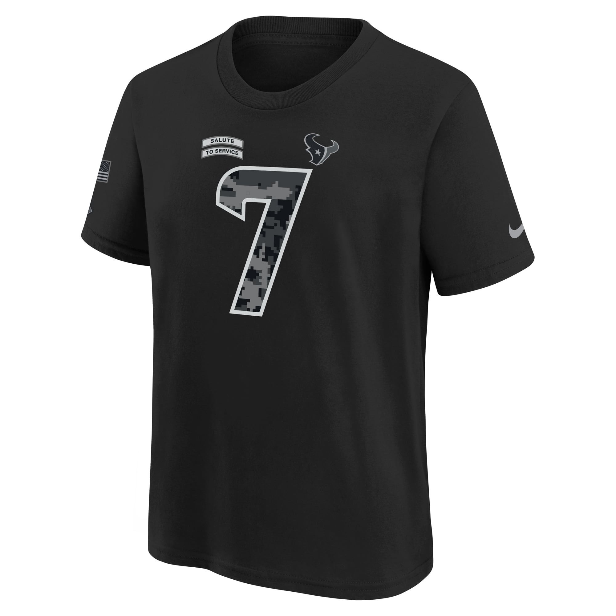T-shirt Nike C.J. Stroud noir pour enfant, Houston Texans 2026, hommage au service militaire, nom et numéro