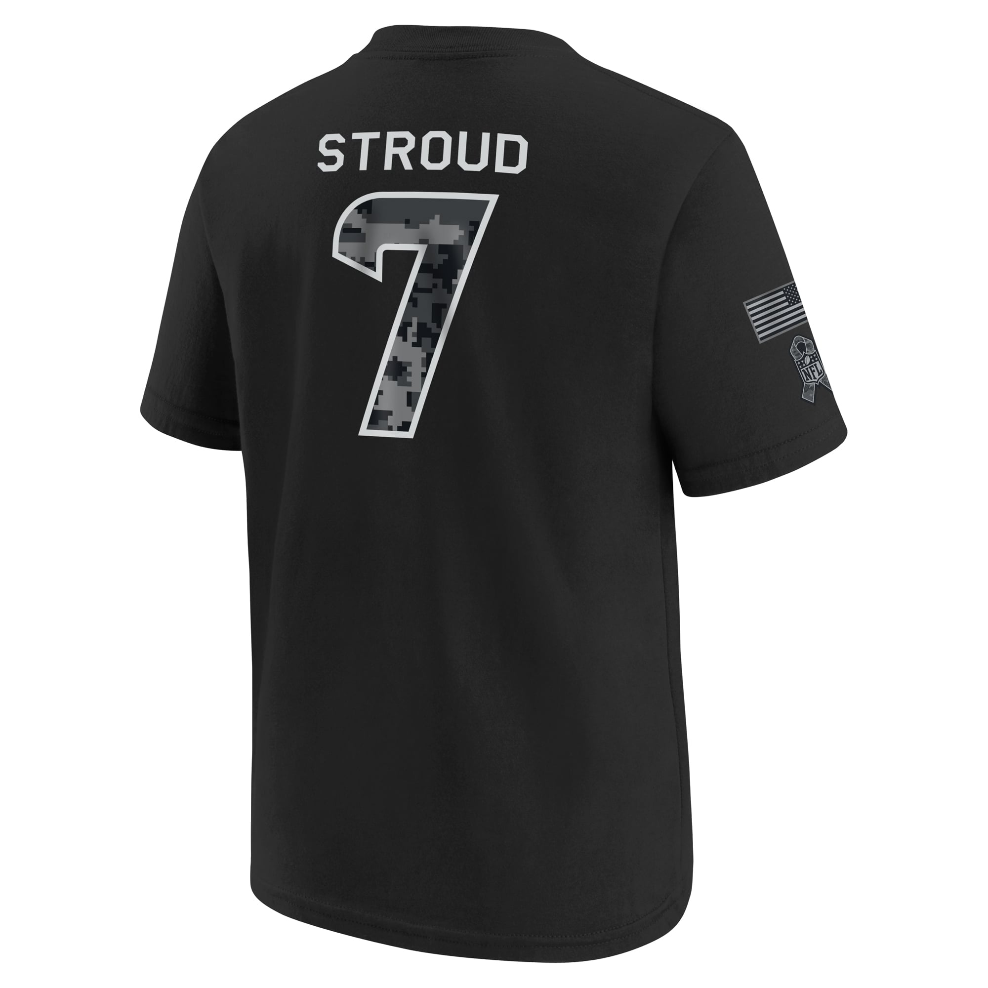 T-shirt Nike C.J. Stroud noir pour enfant, Houston Texans 2026, hommage au service militaire, nom et numéro