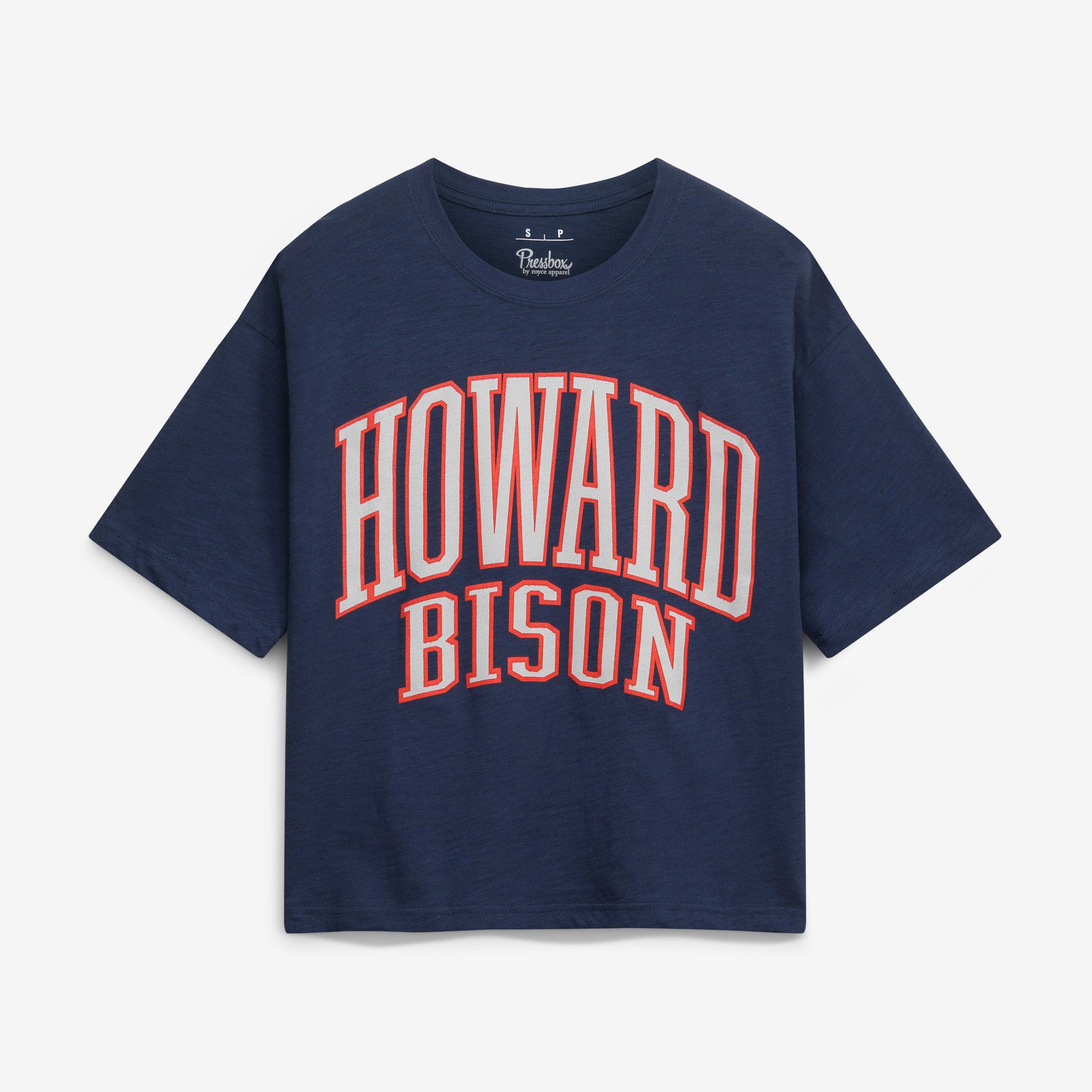 T-shirt oversize Pressbox Navy Howard Bison pour femme, logo Nelson Arch Over, en flammèche