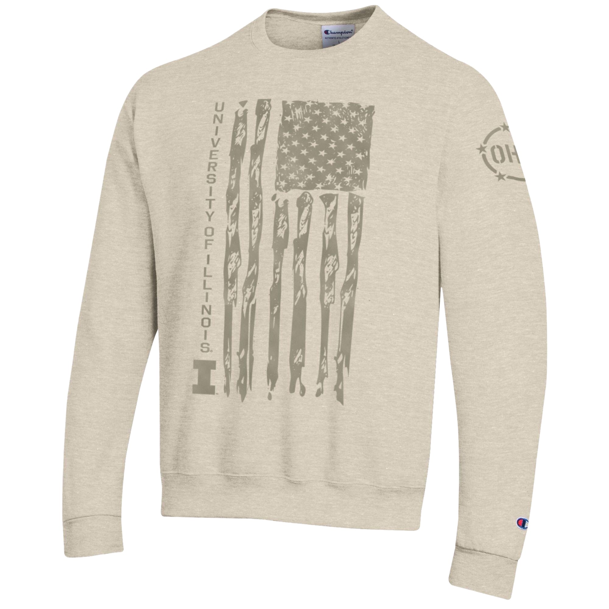 Men's Champion Oatmeal Illinois Fighting Illini Operation Hat Trick Flag Fleece Crewneck Sweatshirt
