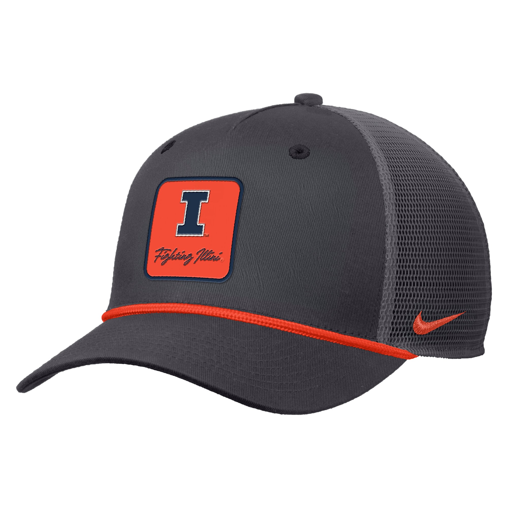 Casquette trucker ajustable Nike anthracite pour homme, logo Illinois Fighting Illini Primetime, inscription Script Rise Rope