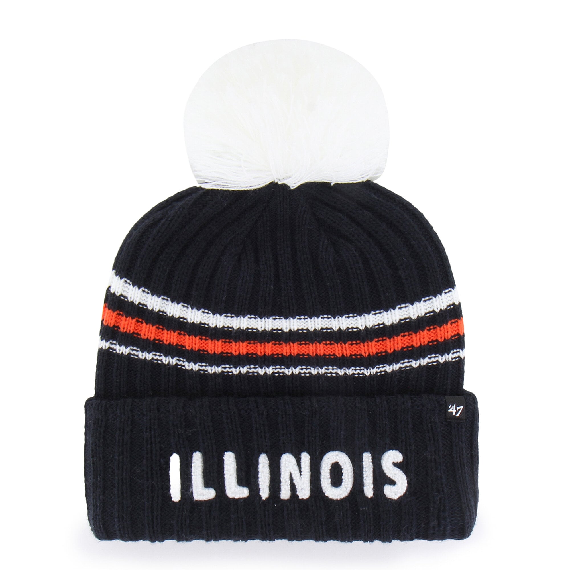 Bonnet tricoté à pompon et inscription duveteuse « 47 » bleu marine pour femme, Illinois Fighting Illini