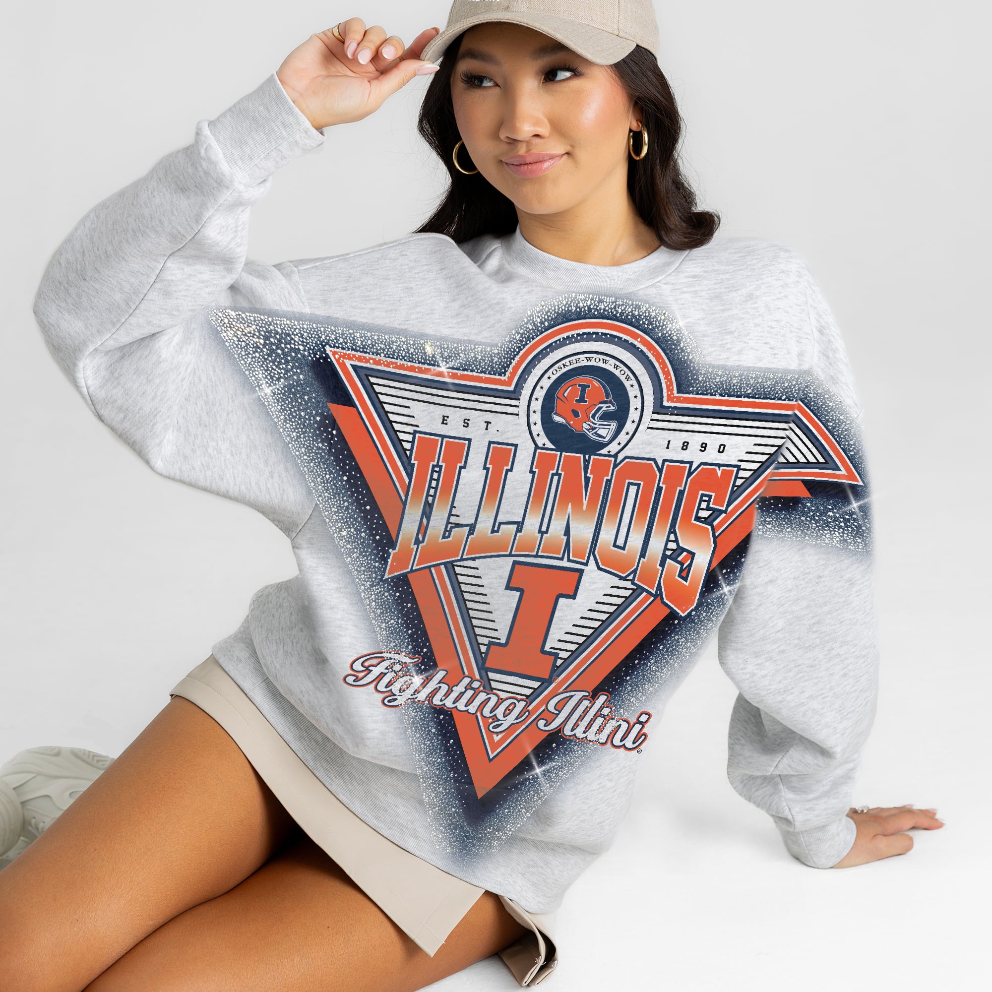 Women's Gameday Couture Gray Illinois Fighting Illini Chasing Victory Rhinestone Spray Oversized Fleece Sweatshirt