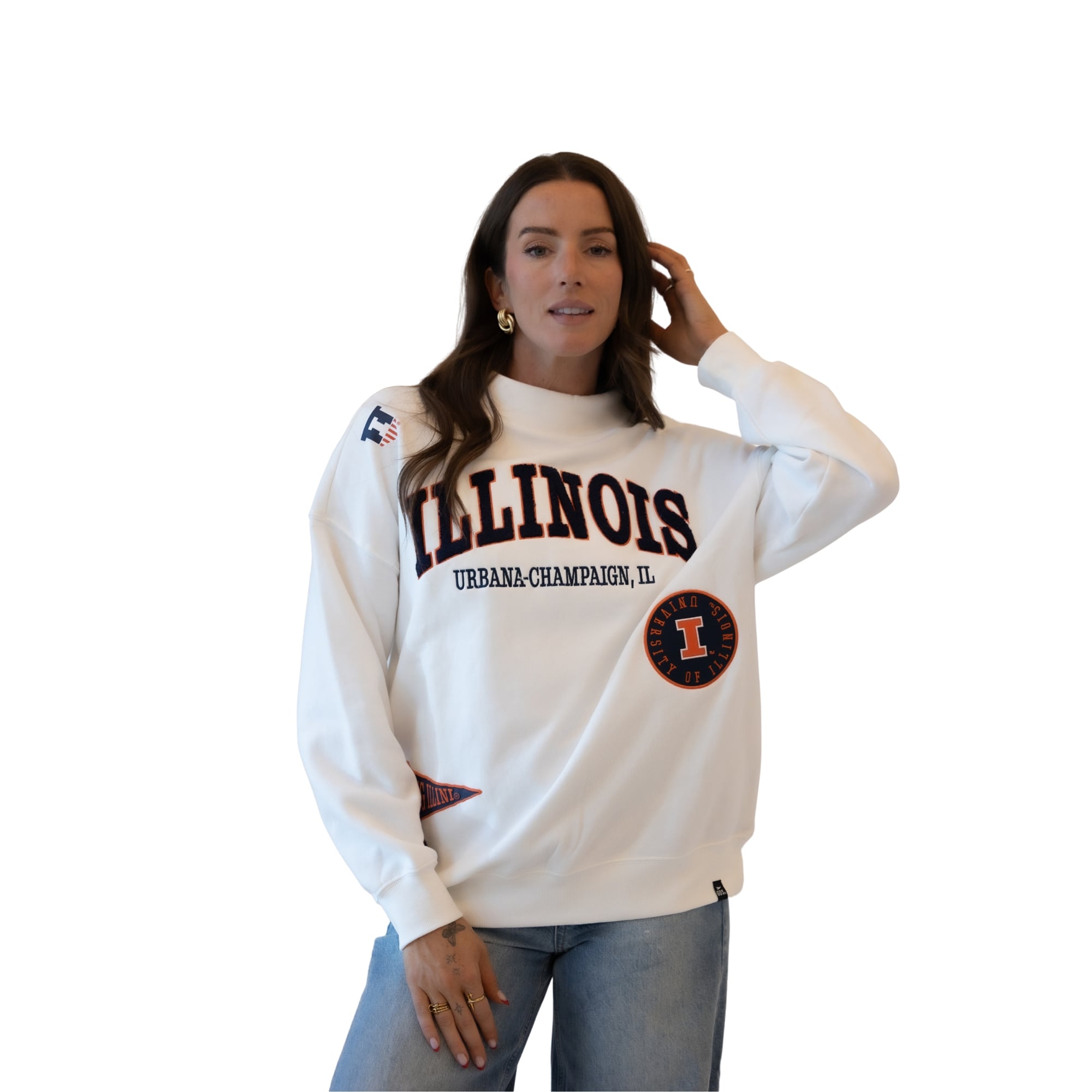 Sweat-shirt à col montant blanc pour femme, motif écusson des Fighting Illini de l'Illinois, idéal les jours match
