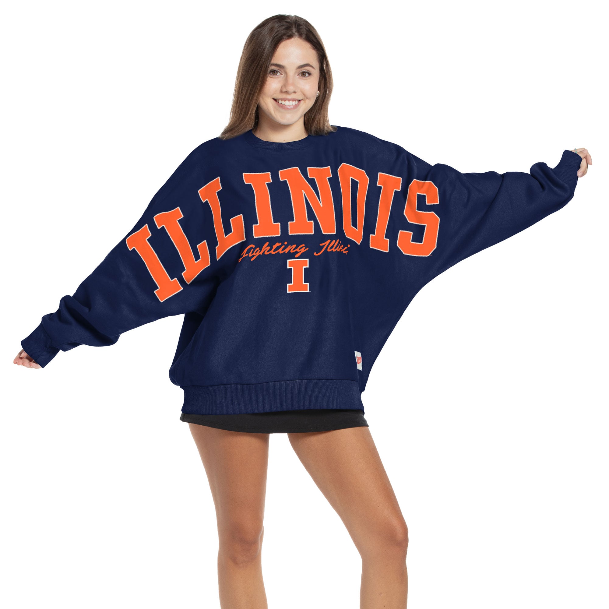 Sweat-shirt oversize à col dolman pour femme, bleu marine, style Pressbox, Illinois Fighting Illini, Flannigan