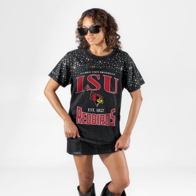 Illinois State Redbirds Gameday Couture Women's In the Zone Washed Micro Rhinestone T-Shirt - Black