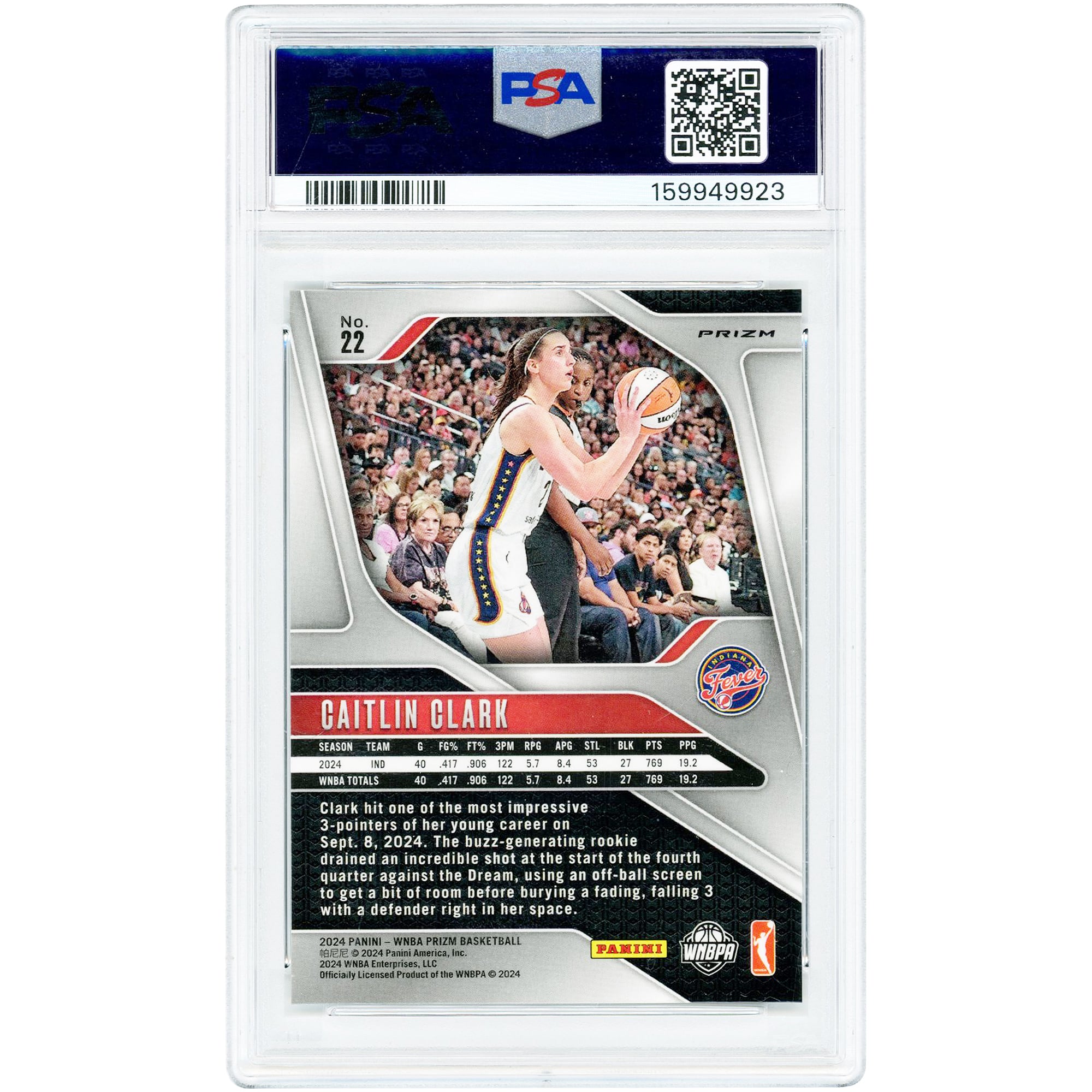 Caitlin Clark Indiana Fever 2024 Panini Prizm WNBA White Sparkle Prizm #22 PSA Authenticated 9 Rookie Card