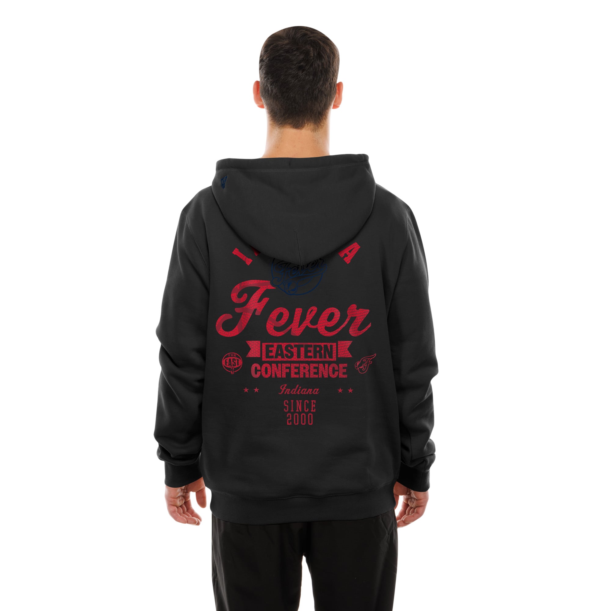 Sweat à capuche New Era noir pour homme, logo Indiana Fever l'avant et au dos.