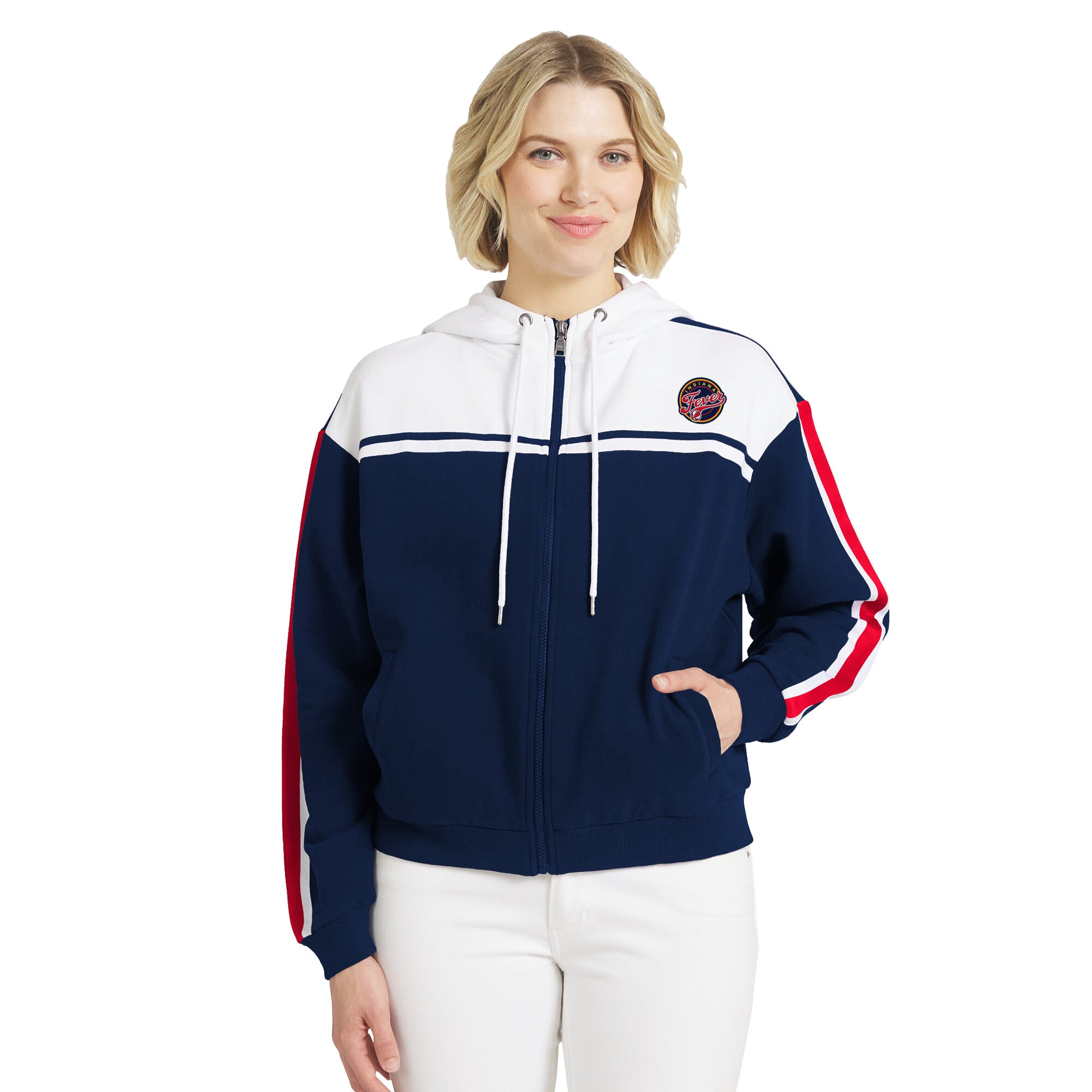 Sweat à capuche zippé WEAR by Erin Andrews bleu marine/blanc Indiana Fever pour femme