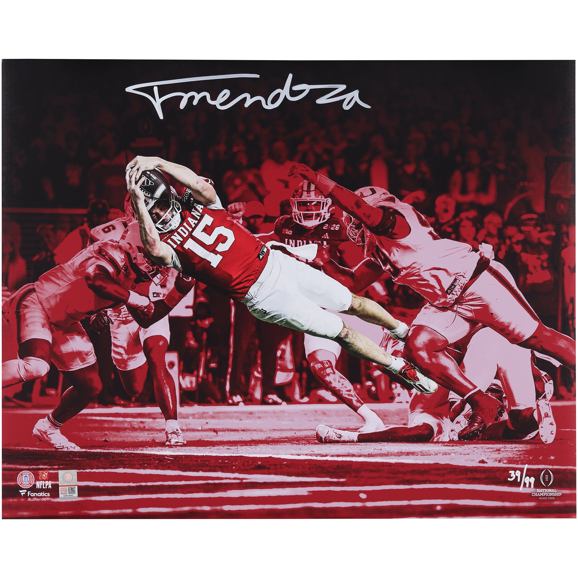 Photo dédicacée de Fernando Mendoza (Indiana Hoosiers) - 40,6 x 50,8 cm (16 x 20 pouces) - Édition limitée à 99 exemplaires