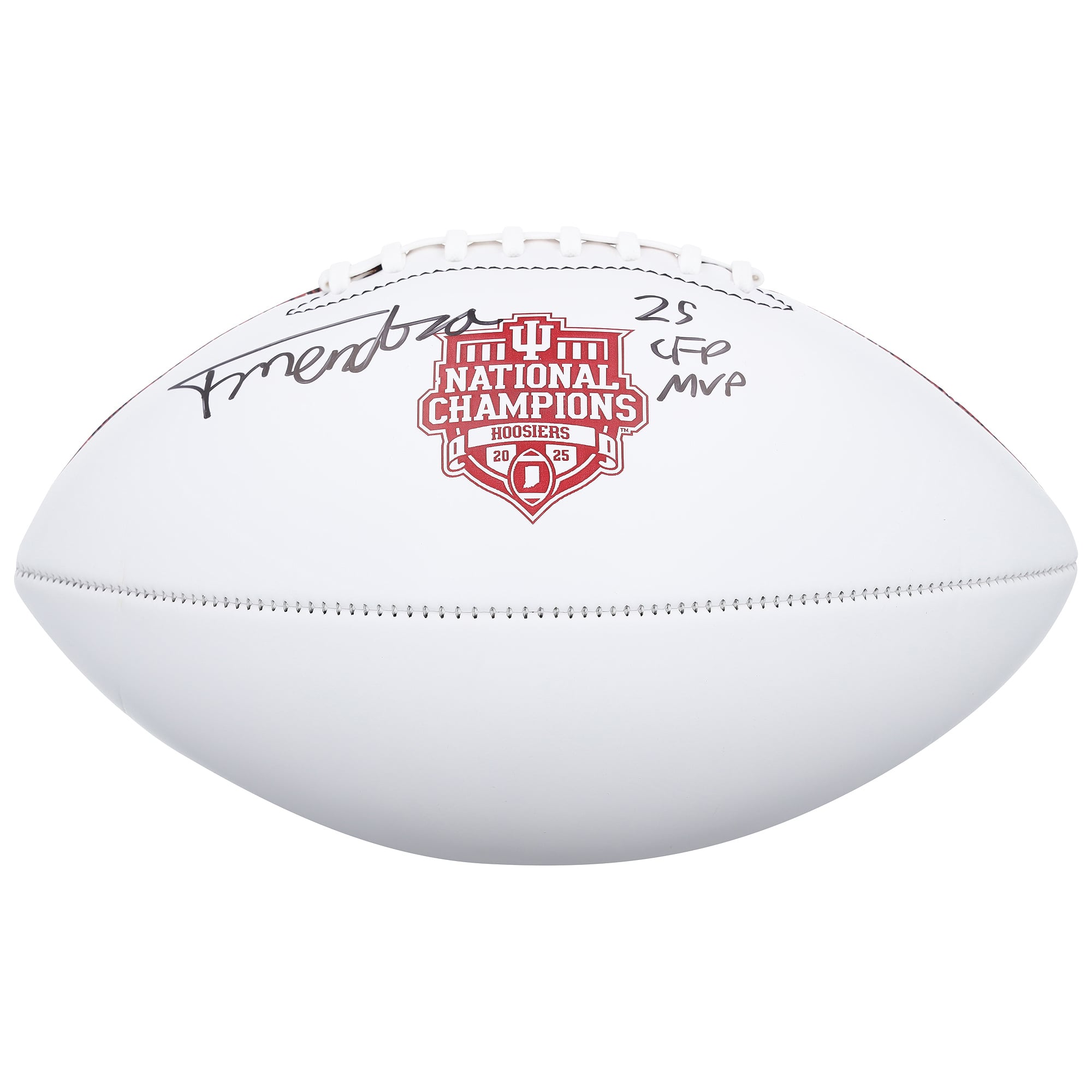 Fernando Mendoza Indiana Hoosiers Autographed College Football Playoff 2025 National Champions Baden White Panel Logo Football with "25 CFP MVP" Inscription