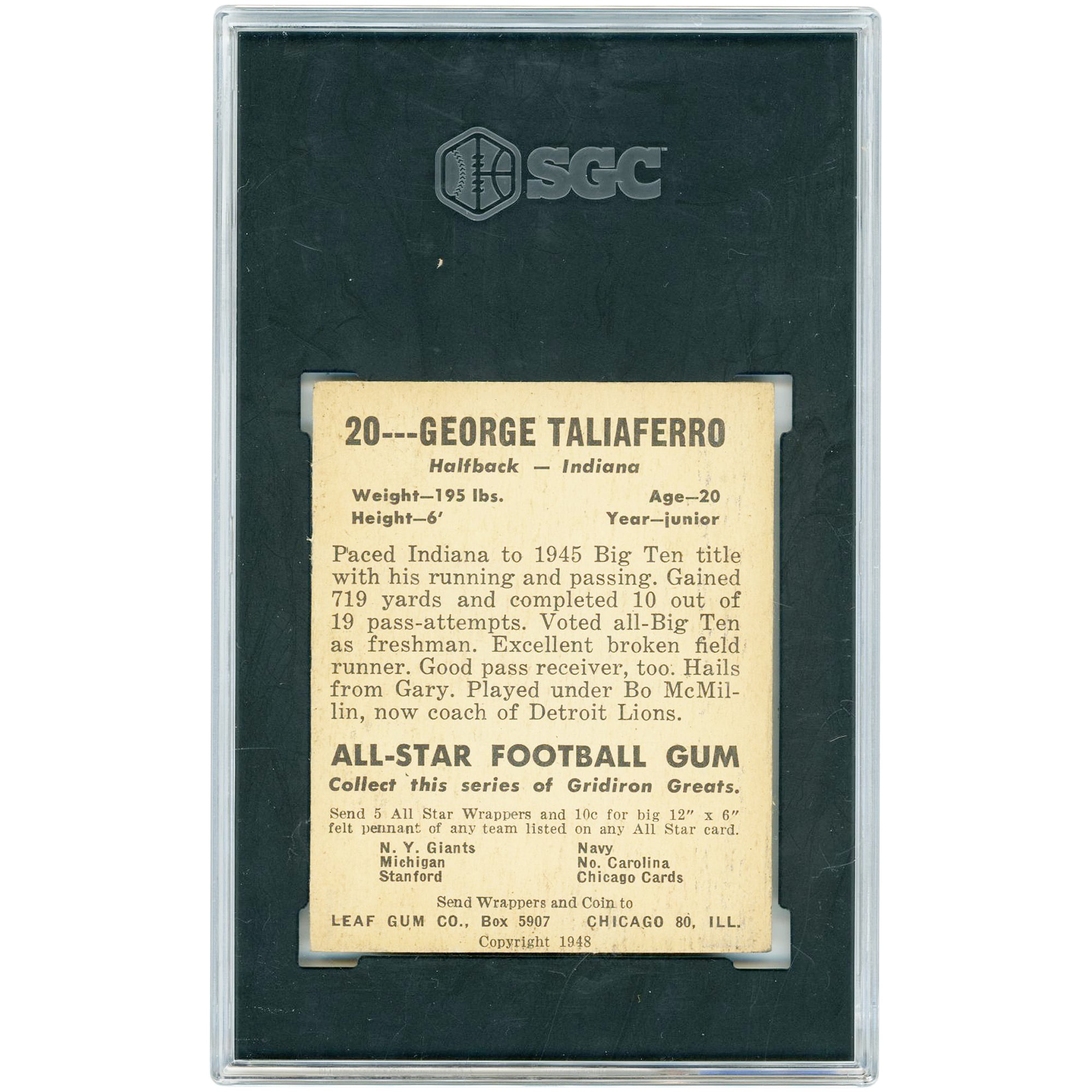 George Taliaferro Indiana Hoosiers 1948 Leaf Gum Co. #20 SGC Authenticated 4.5 Rookie Card