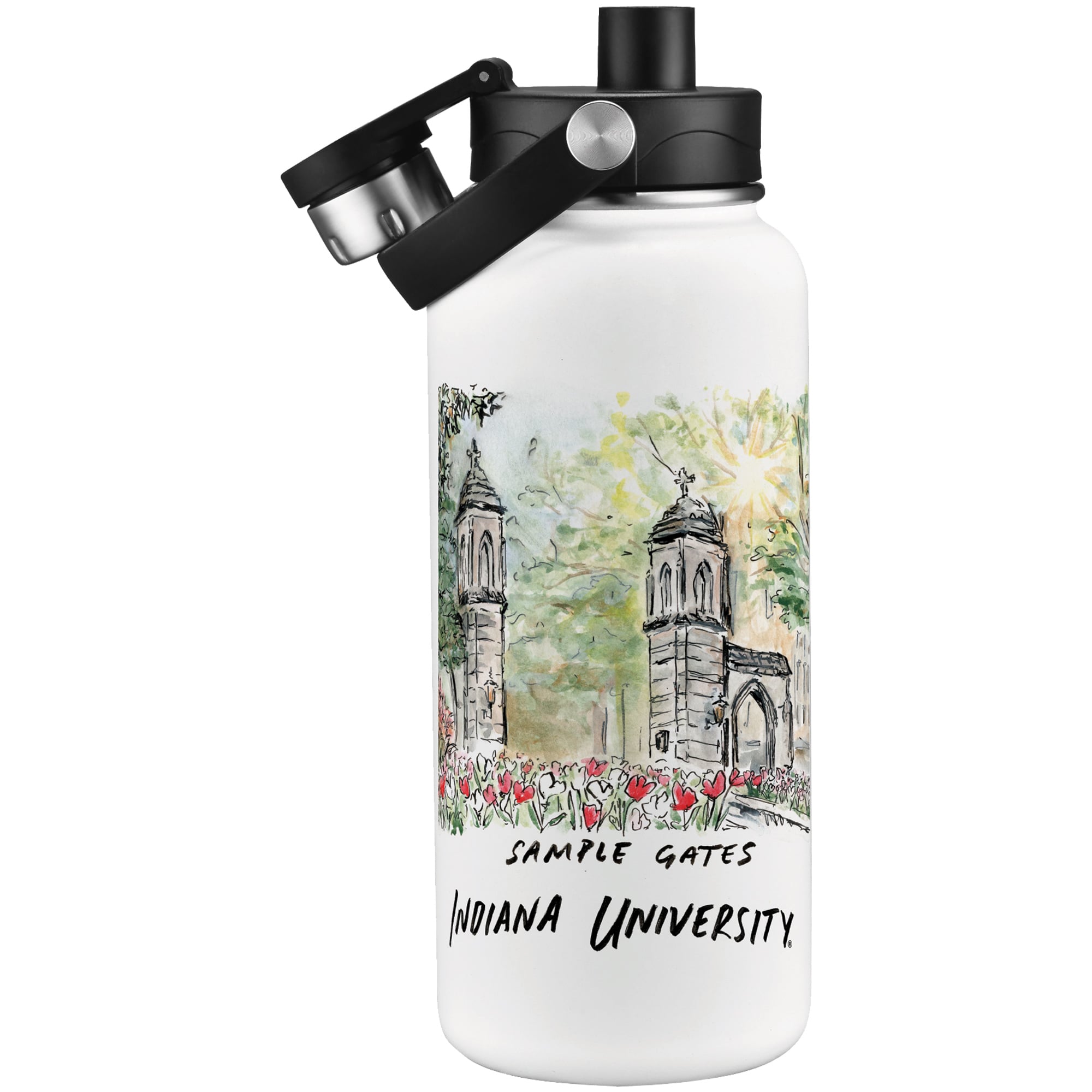 Bouteille d'eau aquarelle de 960 ml, motif Indiana Hoosiers, Laura Wilcox