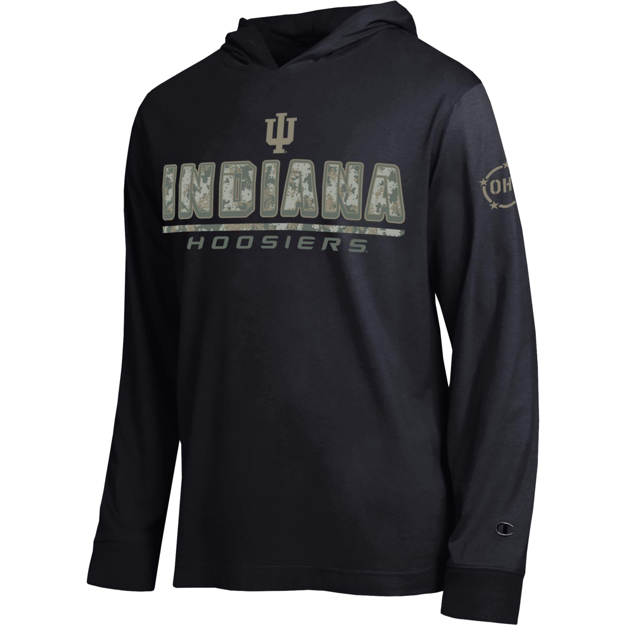 Men's Champion  Black Indiana Hoosiers Operation Hat Trick Camo Script Hooded Long Sleeve T-Shirt