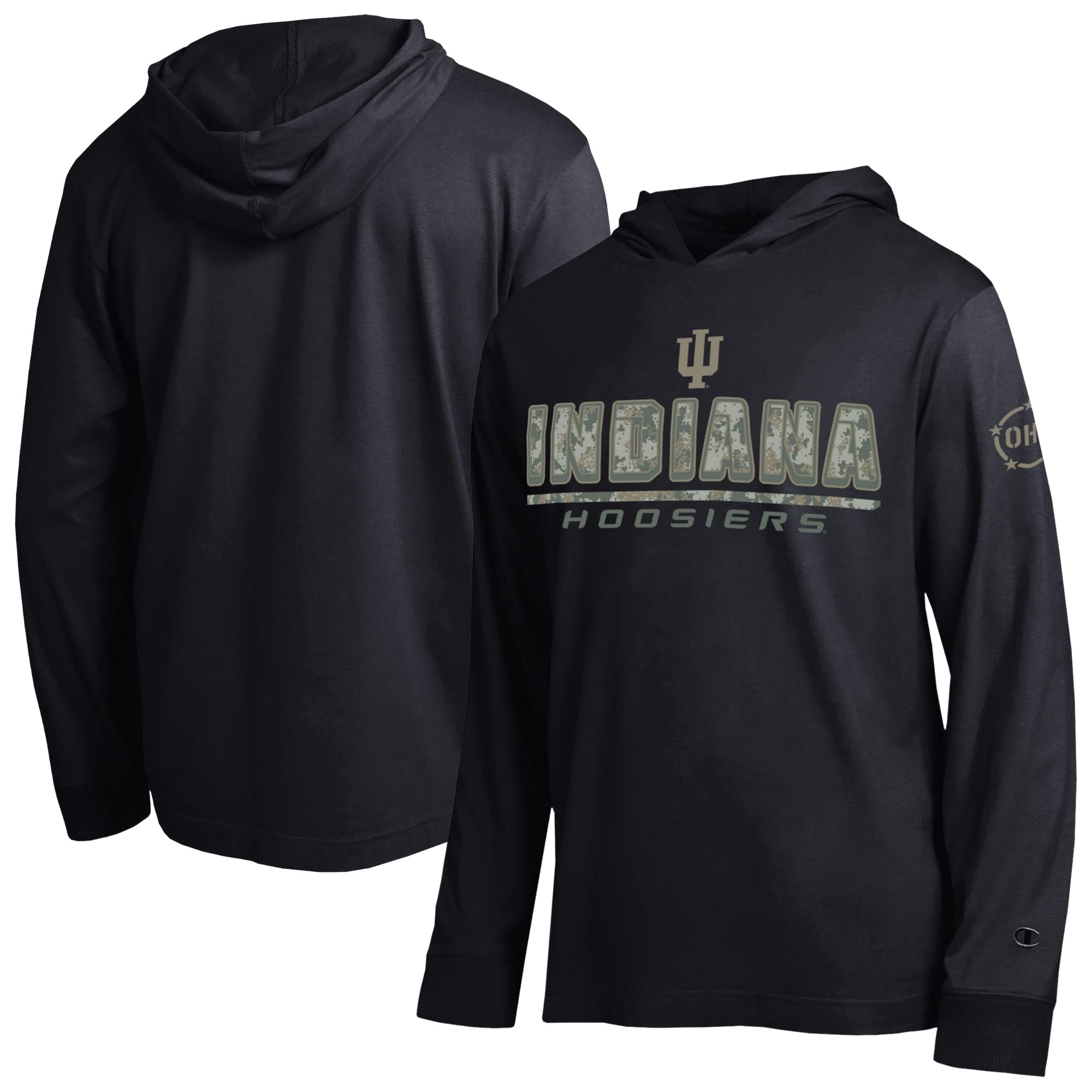 Men's Champion Black Indiana Hoosiers Operation Hat Trick Camo Script Hooded Long Sleeve T-Shirt