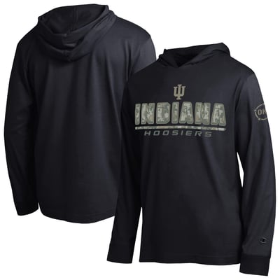 Indiana Hoosiers Champion Operation Hat Trick Camo Script Hooded Long Sleeve T-Shirt - Black