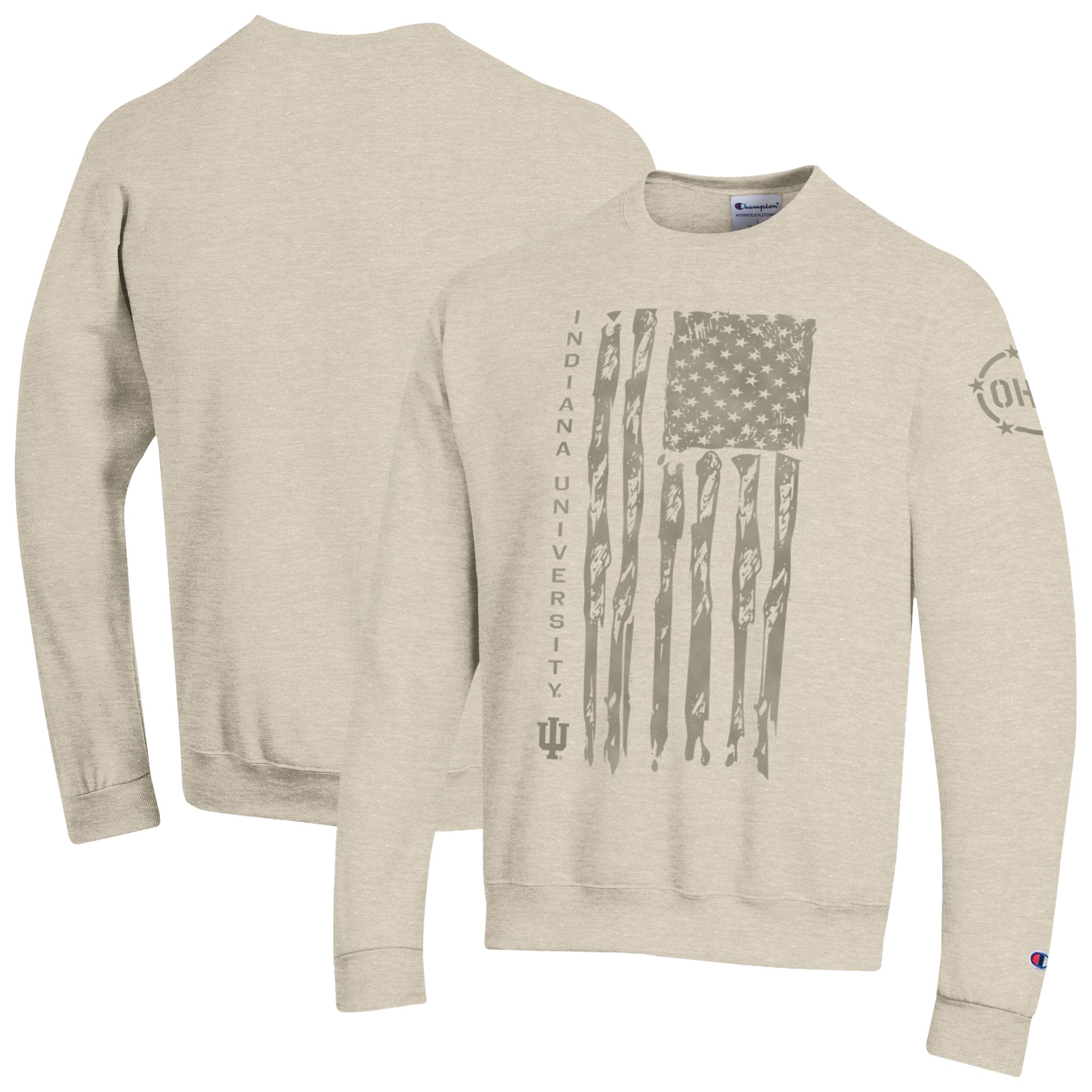 Sweat-shirt à col rond en polaire Champion Oatmeal Indiana Hoosiers Operation Hat Trick Flag pour homme