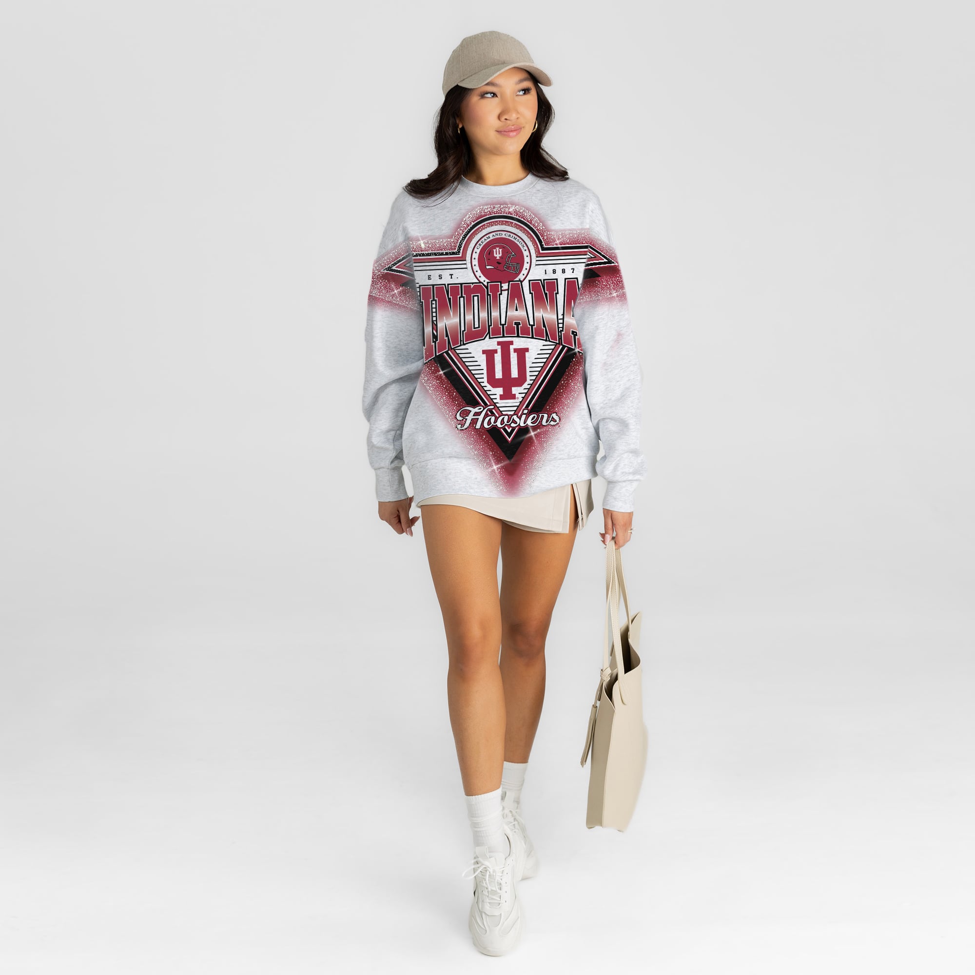 Women's Gameday Couture Gray Indiana Hoosiers Chasing Victory Rhinestone Spray Oversized Fleece Sweatshirt