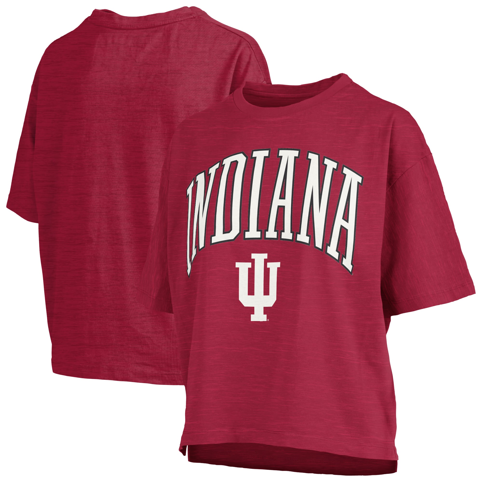 T-shirt oversize Pressbox Crimson Indiana Hoosiers pour femmes, logo Nelson Arch Over, en flammèche