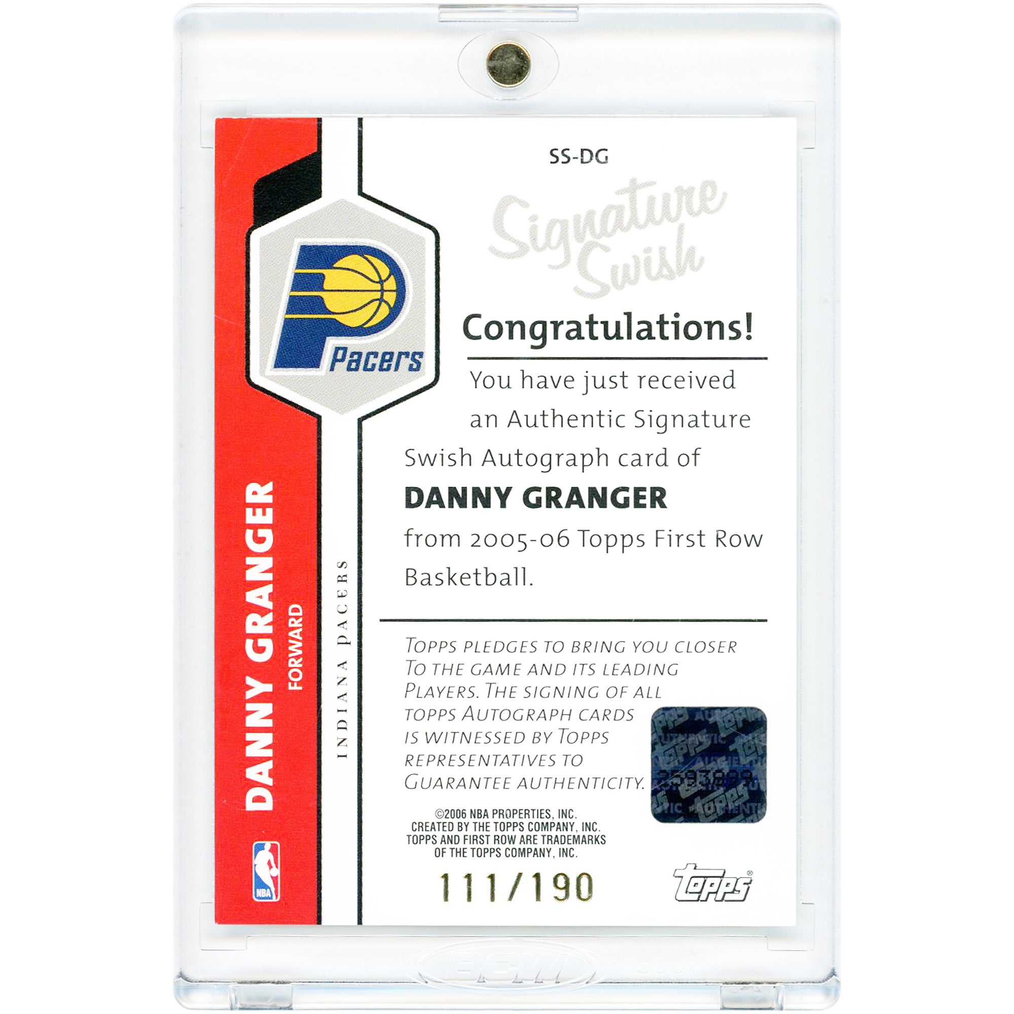 Danny Granger Indiana Pacers Autographed 2005-06 Topps First Row Signature Swish #SS-DG #111/190 Card