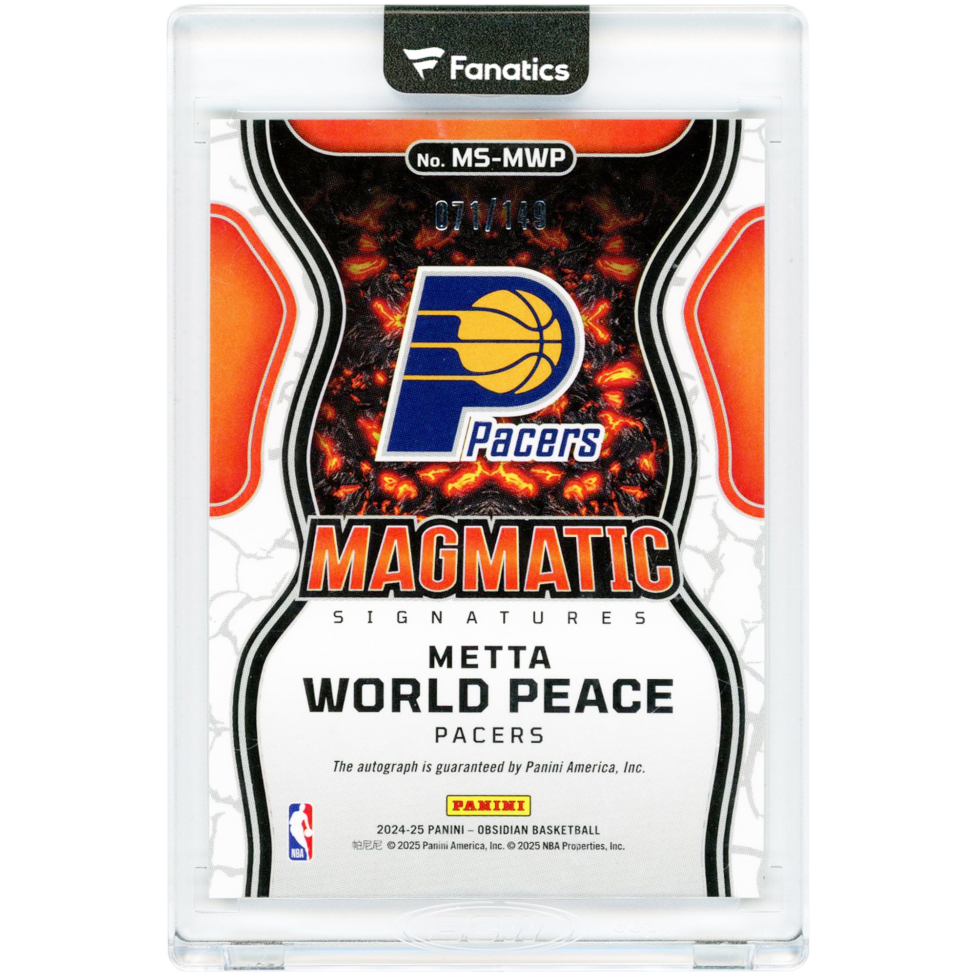 Carte Metta World Peace Indiana Pacers autographiée 2024-25 Panini Obsidian Magmatic #MS-MWP #71/149