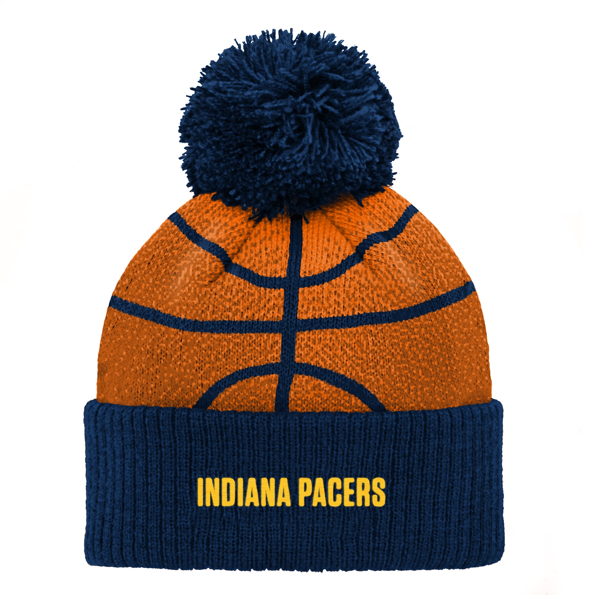 Bonnet tricoté à revers avec pompon, motif tête de basketteur Indiana Pacers, bleu marine, pour enfants d'âge préscolaire