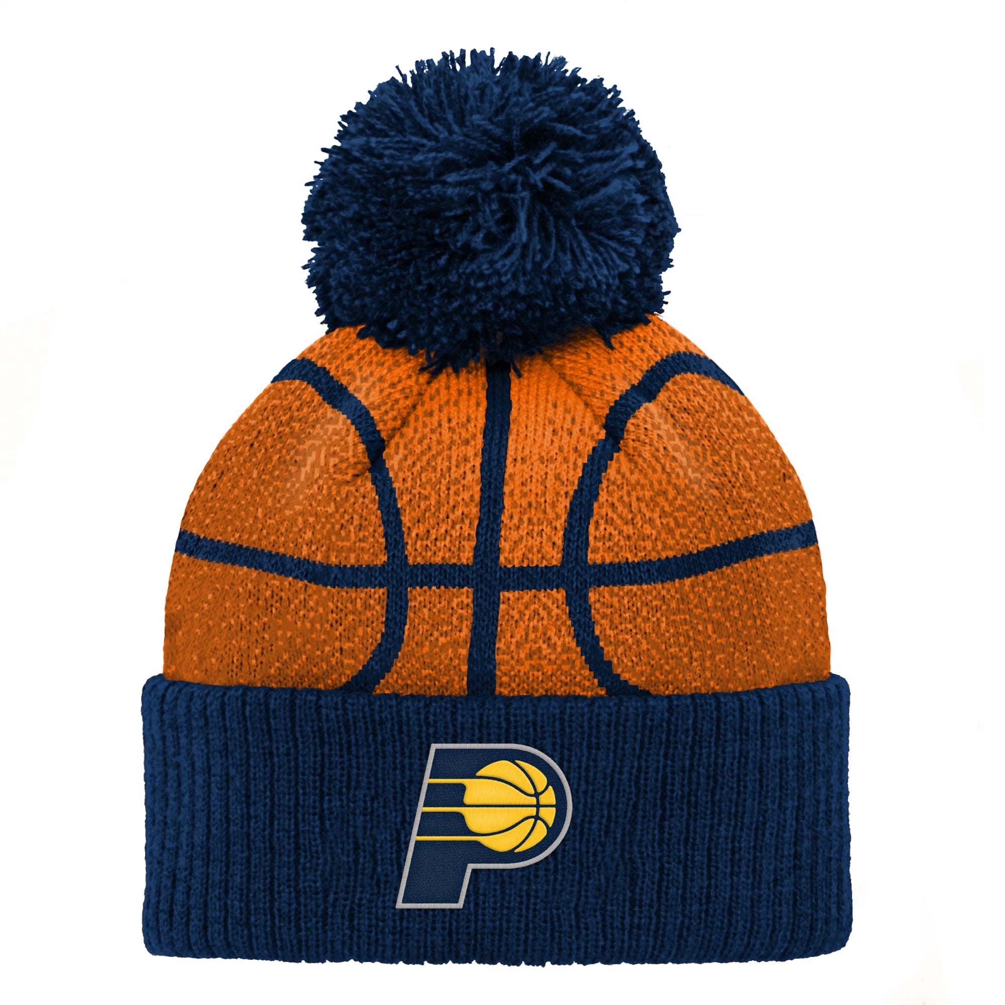Bonnet tricoté à revers avec pompon, motif tête de basketteur Indiana Pacers, bleu marine, pour enfants d'âge préscolaire