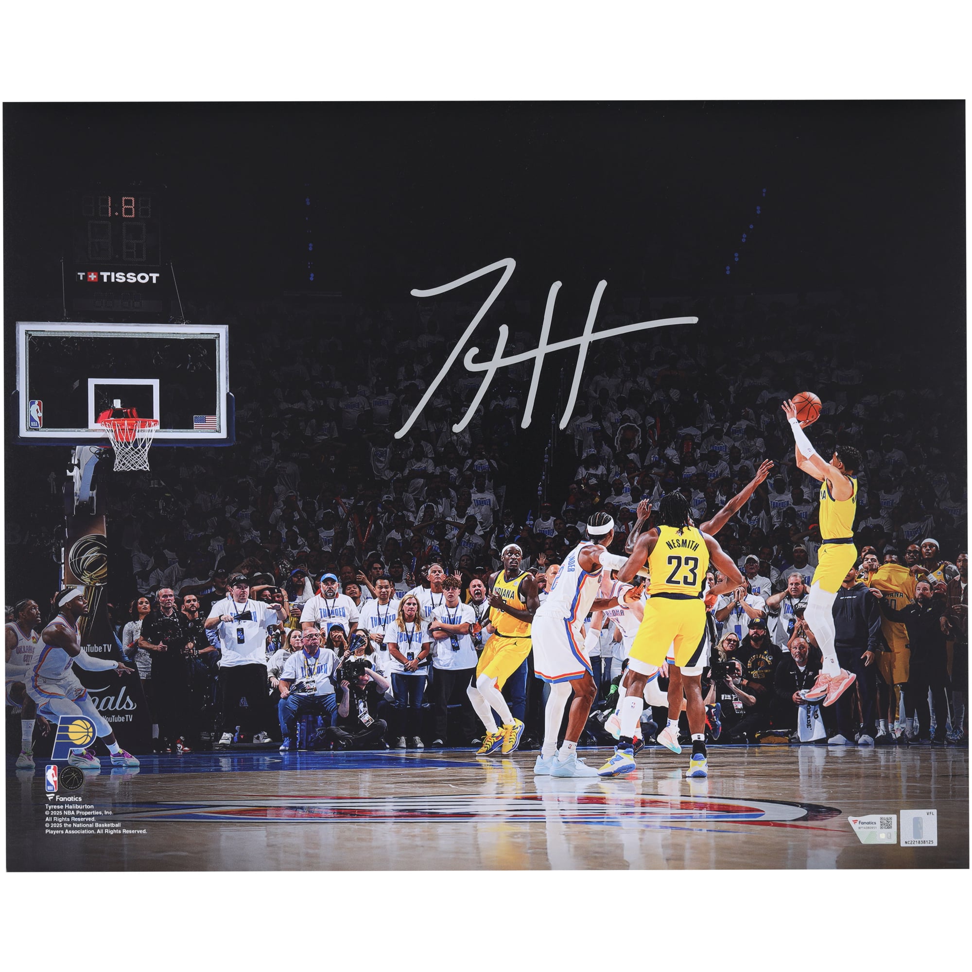 Photo dédicacée par Tyrese Haliburton (Indiana Pacers), 40,6 x 50,8 cm, du tir victorieux lors du match 1 des finales NBA 2025 contre le Thunder d'Oklahoma City (16 x 20 pouces).