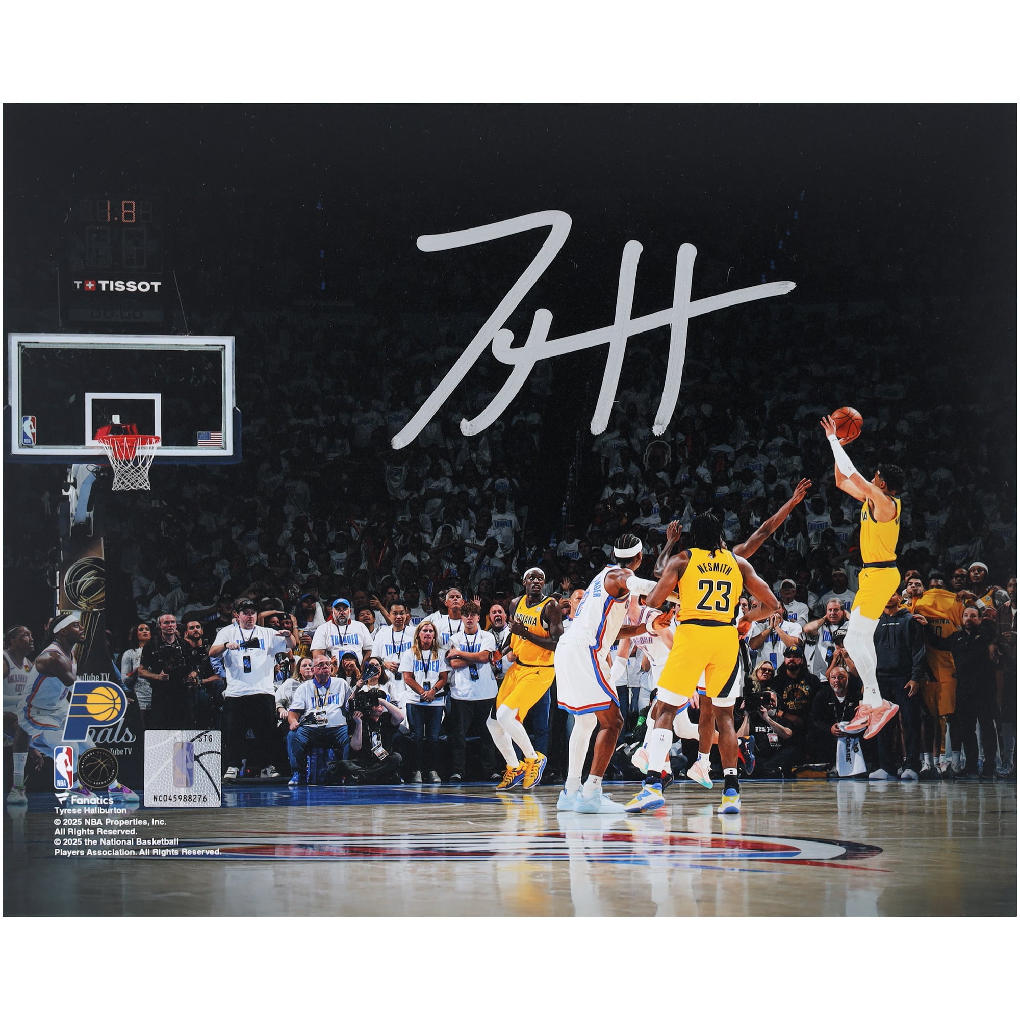 Photographie dédicacée de Tyrese Haliburton, Indiana Pacers, 20 x 25 cm, tir gagnant du match 1 de la finale NBA 2025 contre Oklahoma City Thunder