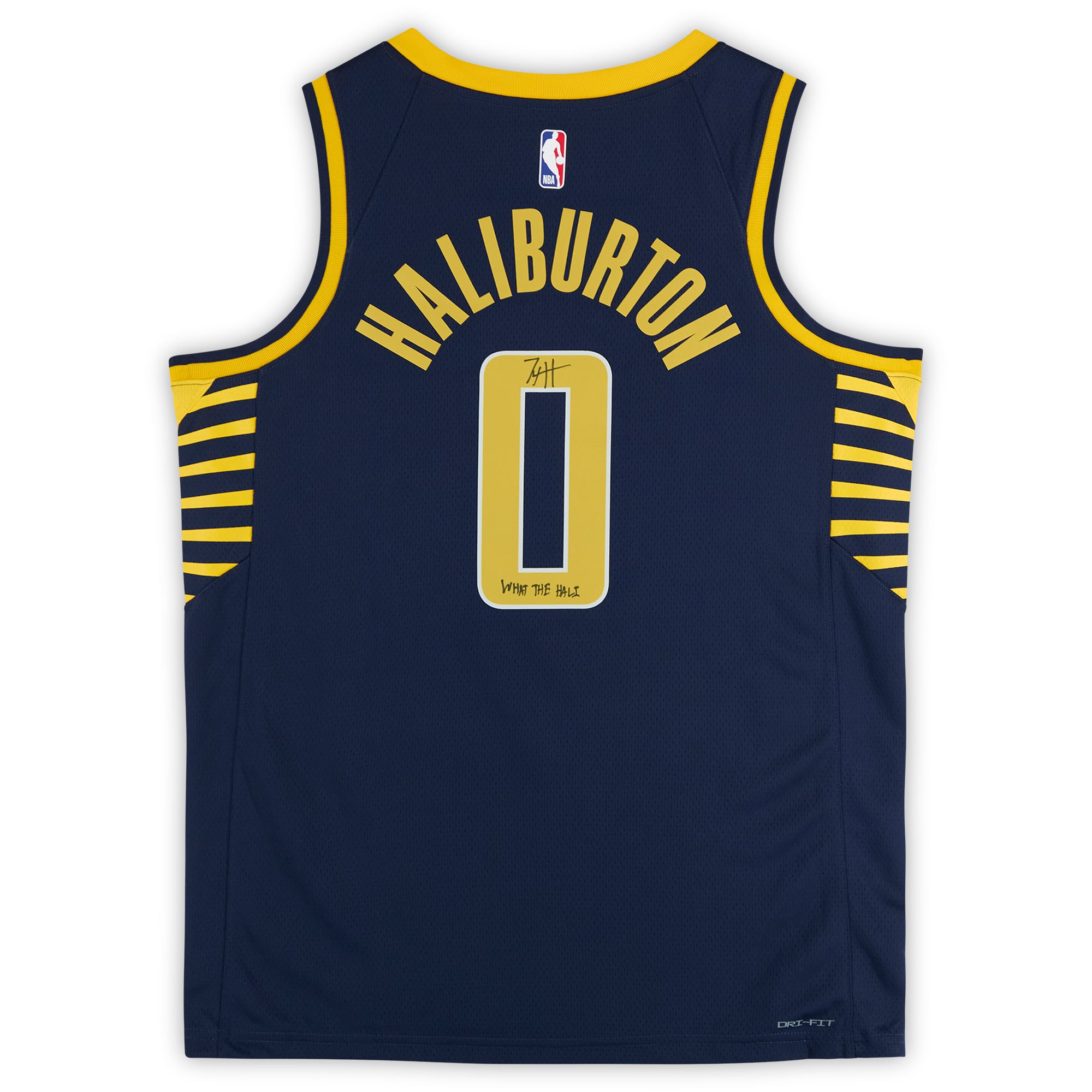 Maillot Nike Icon Swingman bleu marine dédicacé par Tyrese Haliburton des Indiana Pacers avec inscription « What the Hali »