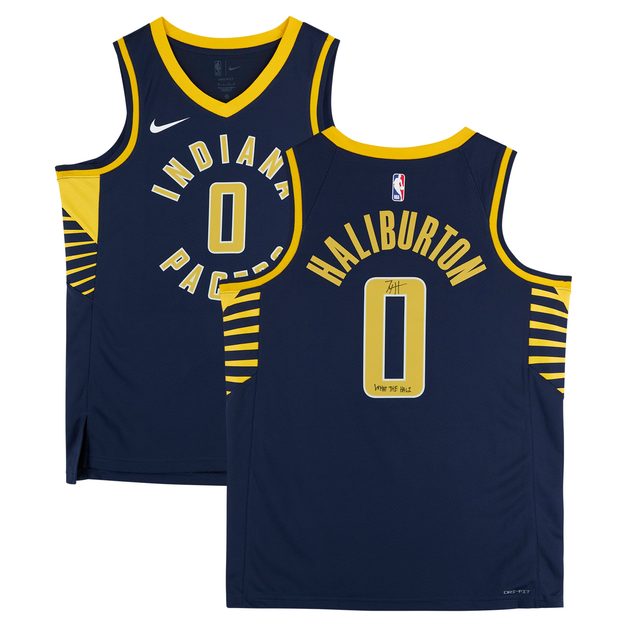 Maillot Nike Icon Swingman bleu marine dédicacé par Tyrese Haliburton des Indiana Pacers avec inscription « What the Hali »