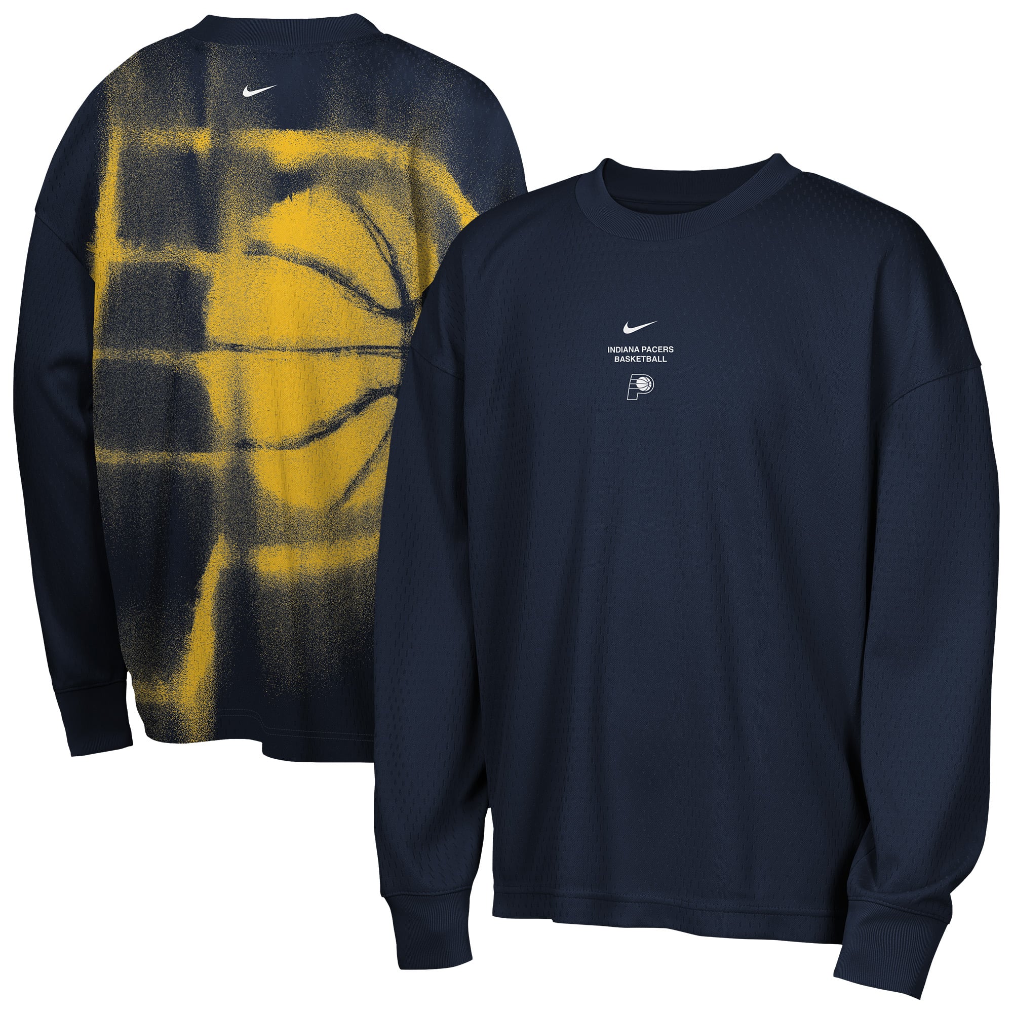 T-shirt à manches longues Nike Indiana Pacers bleu marine pour jeunes, édition standard 2026, performance d'avant-match