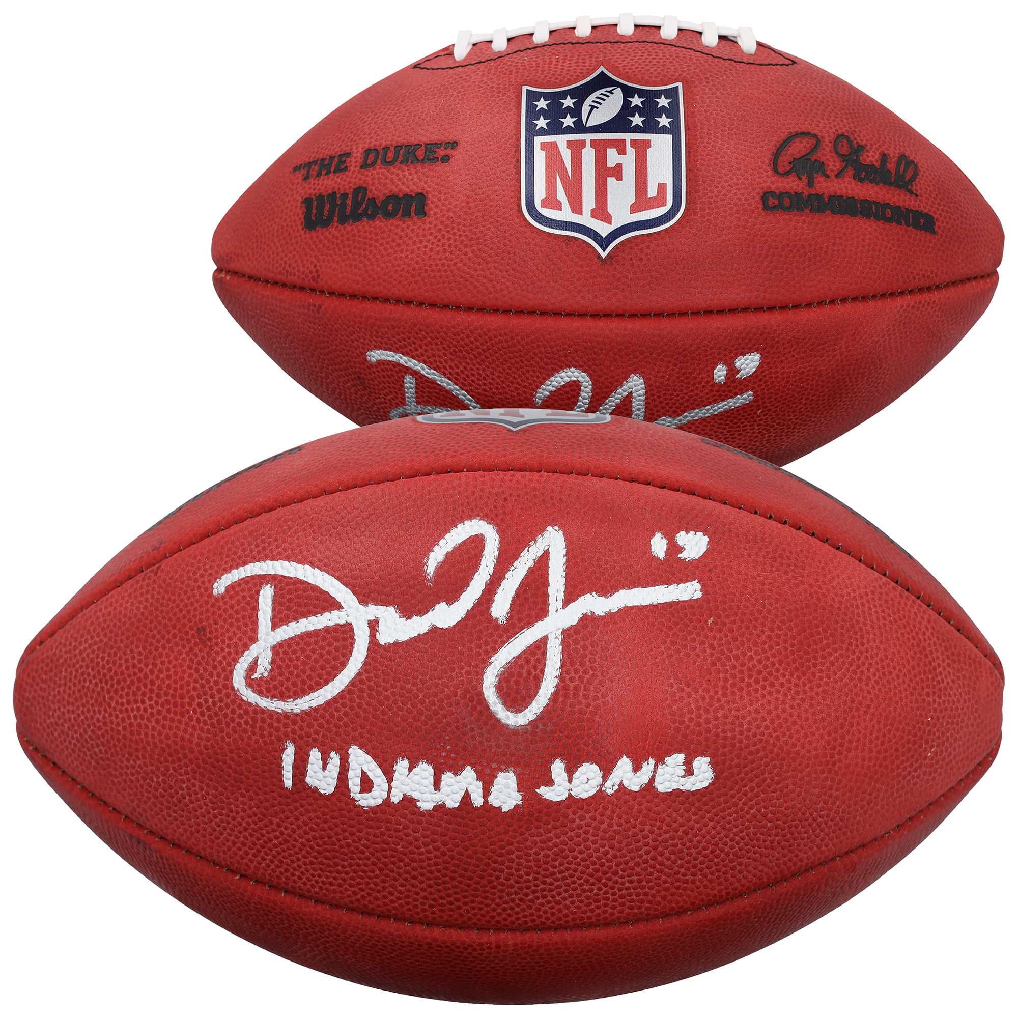 Ballon de football américain Wilson Duke en couleurs, autographié par Daniel Jones (Indianapolis Colts), avec inscription « Indiana Jones ».