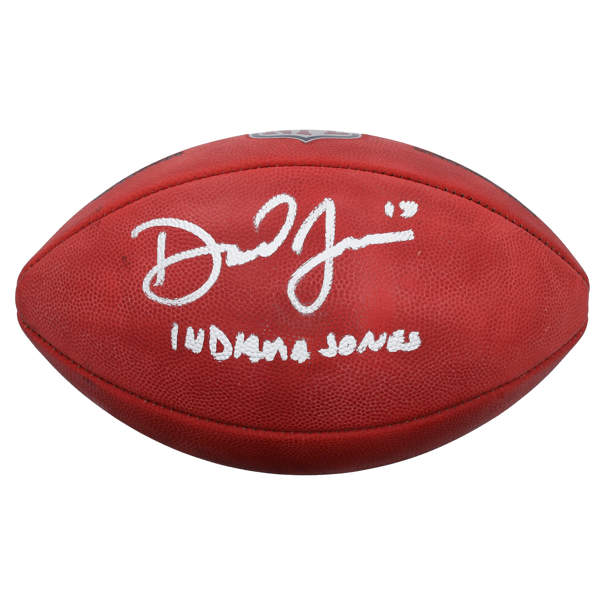 Ballon de football américain Wilson Duke en couleurs, autographié par Daniel Jones (Indianapolis Colts), avec inscription « Indiana Jones ».