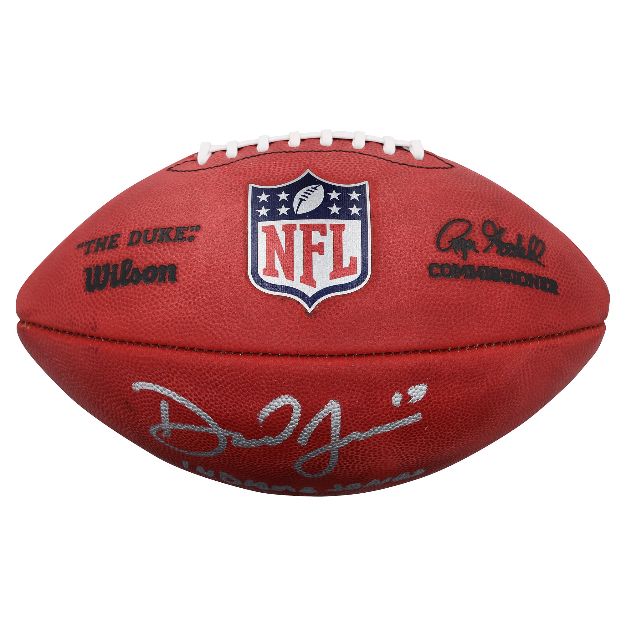 Ballon de football américain Wilson Duke en couleurs, autographié par Daniel Jones (Indianapolis Colts), avec inscription « Indiana Jones ».