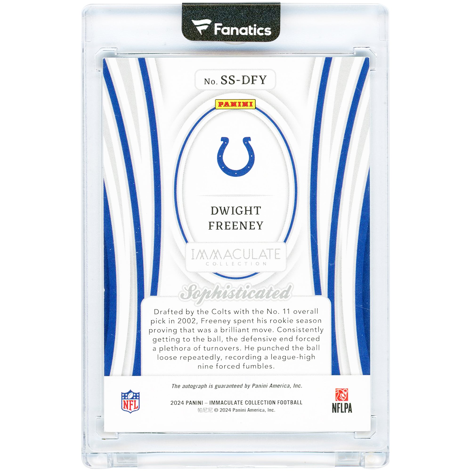 Dwight Freeney Indianapolis Colts Autographed 2024 Panini Immaculate Collection Sophisticated Platinum #SS-DFY #1/1 Card