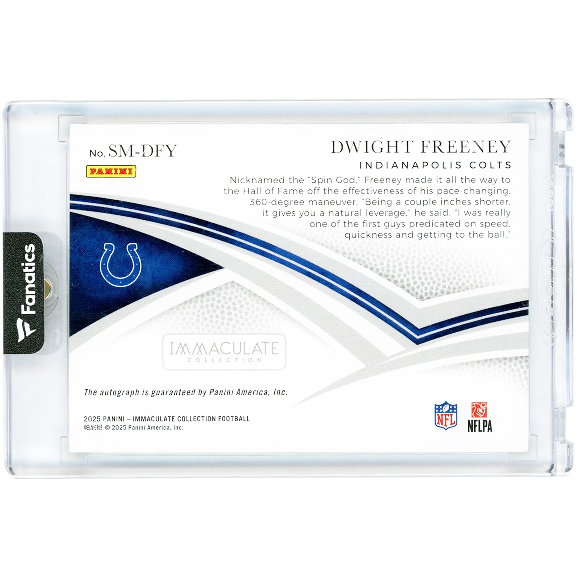 Carte autographiée de Dwight Freeney (Indianapolis Colts) - Collection Panini Immaculate Signature Moves 2025 #SM-DFY #25/25