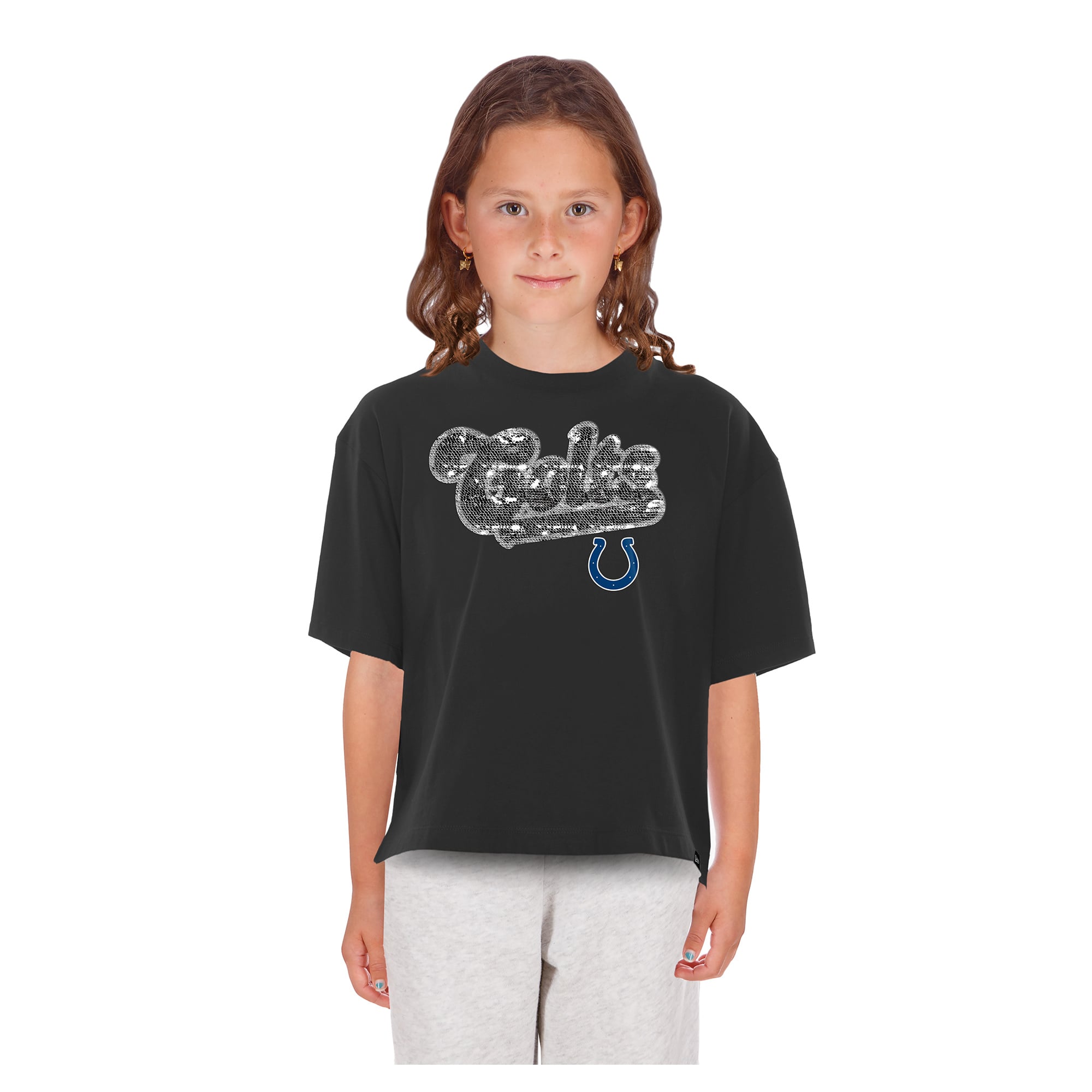 Girls Youth New Era Black Indianapolis Colts Flip Sequin Boxy T-Shirt