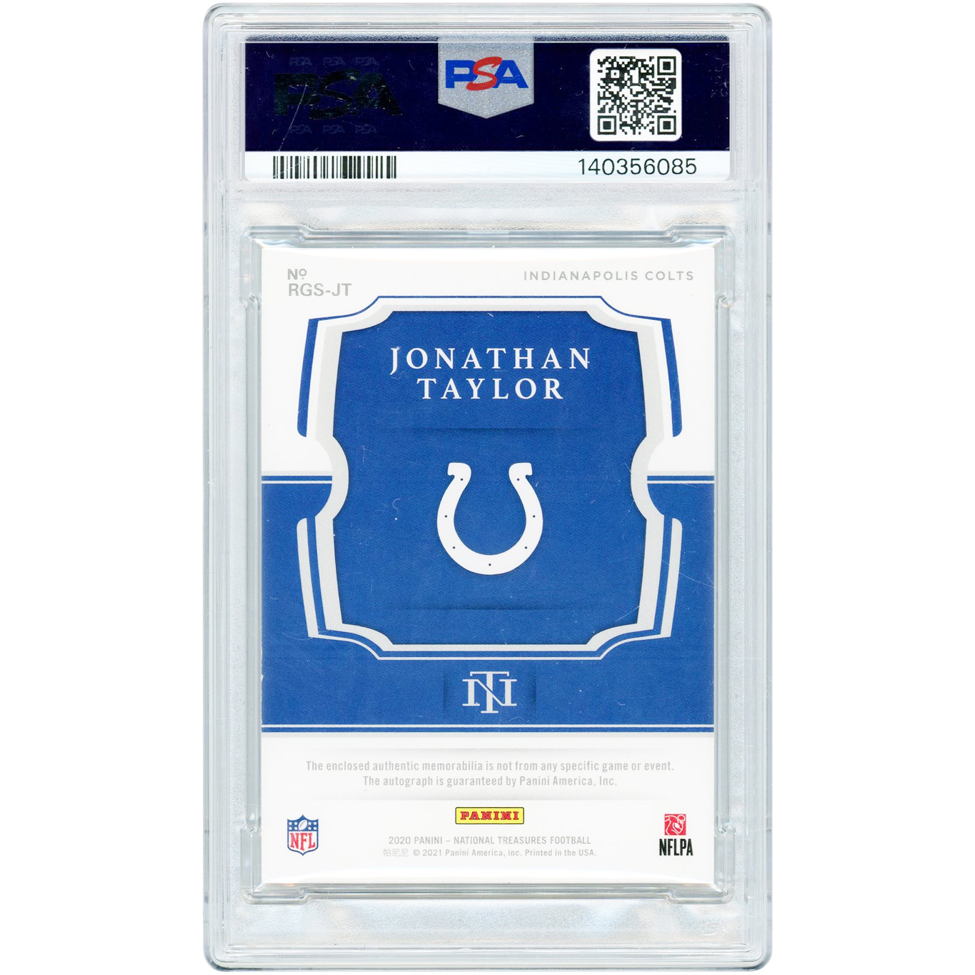 Carte de recrue autographiée de Jonathan Taylor (Indianapolis Colts) 2020 Panini National Treasures NFL Shield Relic #RGS-JT #1/1 authentifiée PSA 8/9
