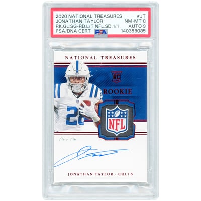 Jonathan Taylor Indianapolis Colts Autographed 2020 Panini National Treasures NFL Shield Relic #RGS-JT #1/1 PSA Authenticated 8/9 Rookie Card