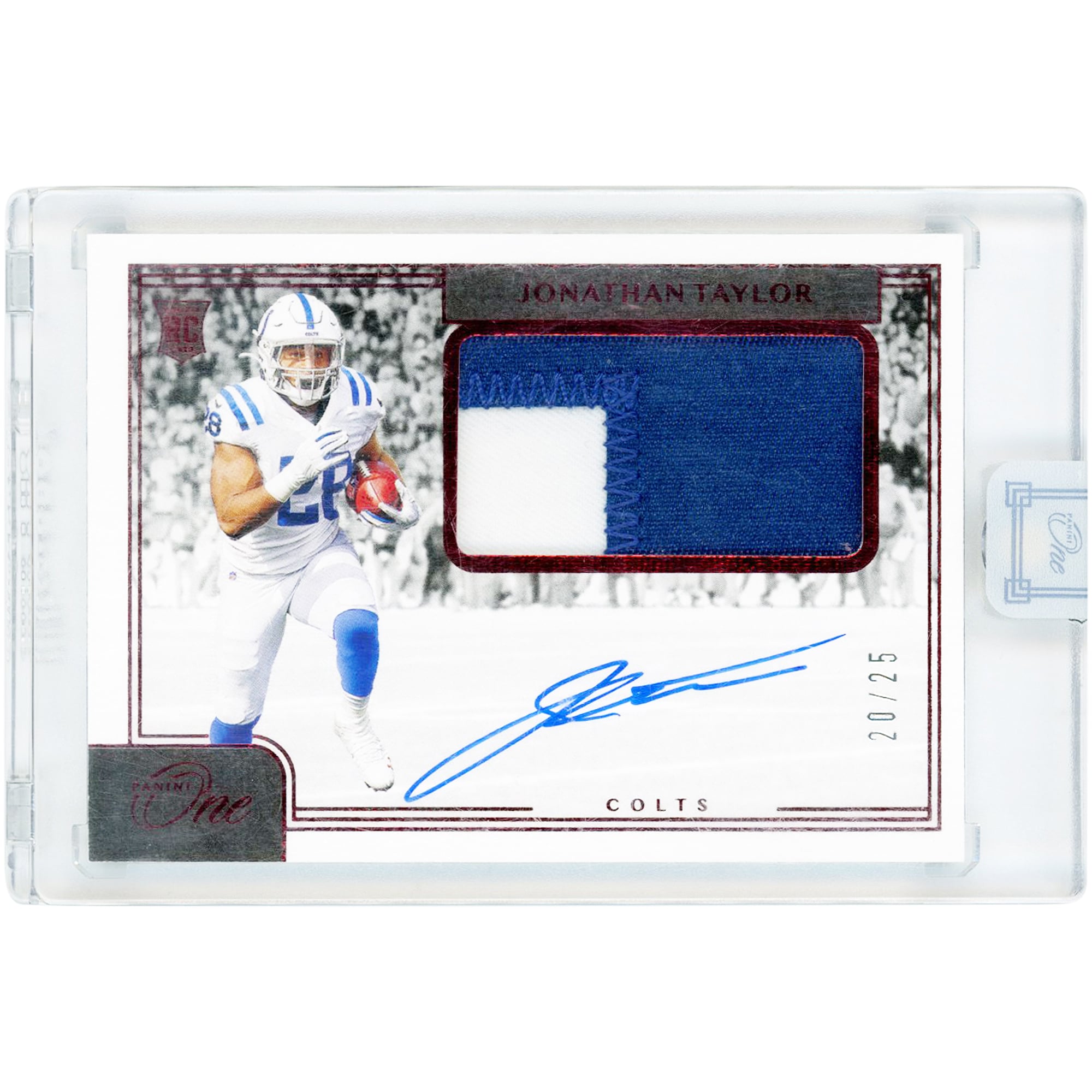 Carte de recrue autographiée Jonathan Taylor des Indianapolis Colts 2020 Panini One Ruby Dual-Color Jersey Relic #18 #20/25