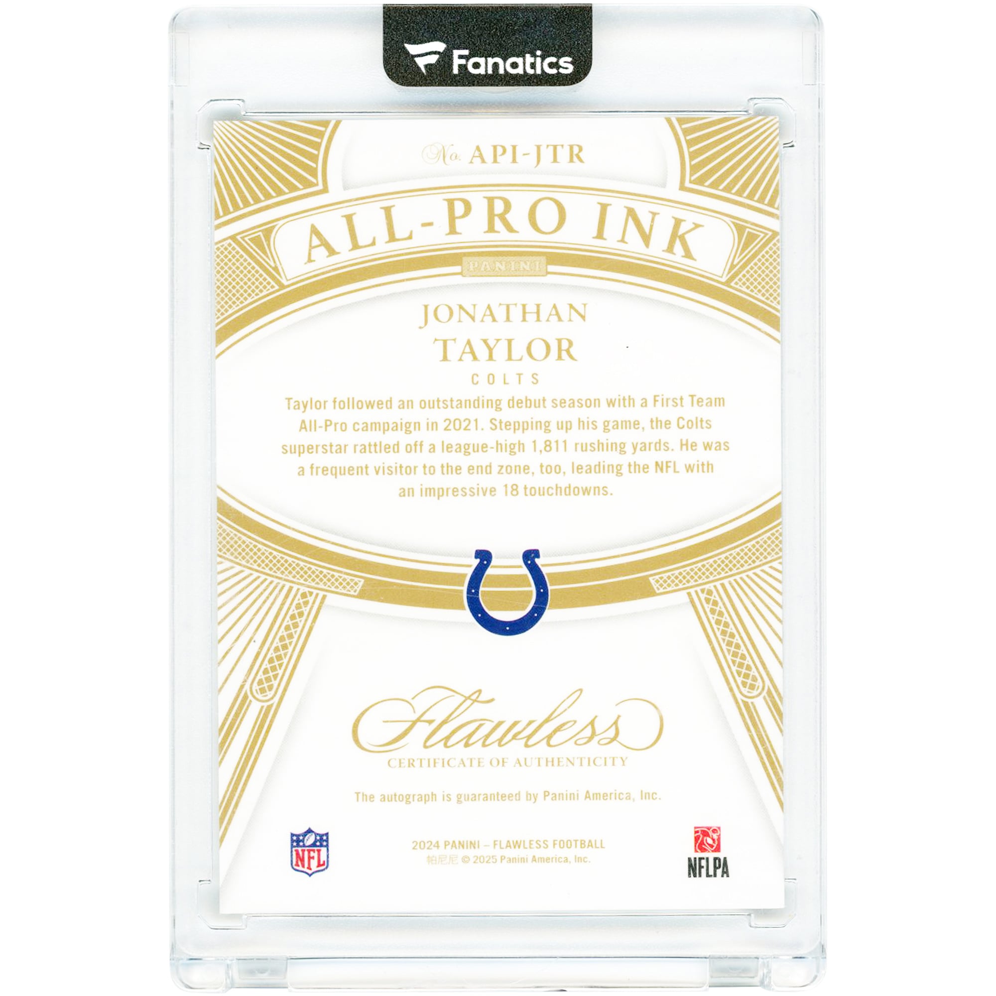 Jonathan Taylor Indianapolis Colts Autographed 2024 Panini Flawless All-Pro Ink Gold #API-JTR #13/25 Card