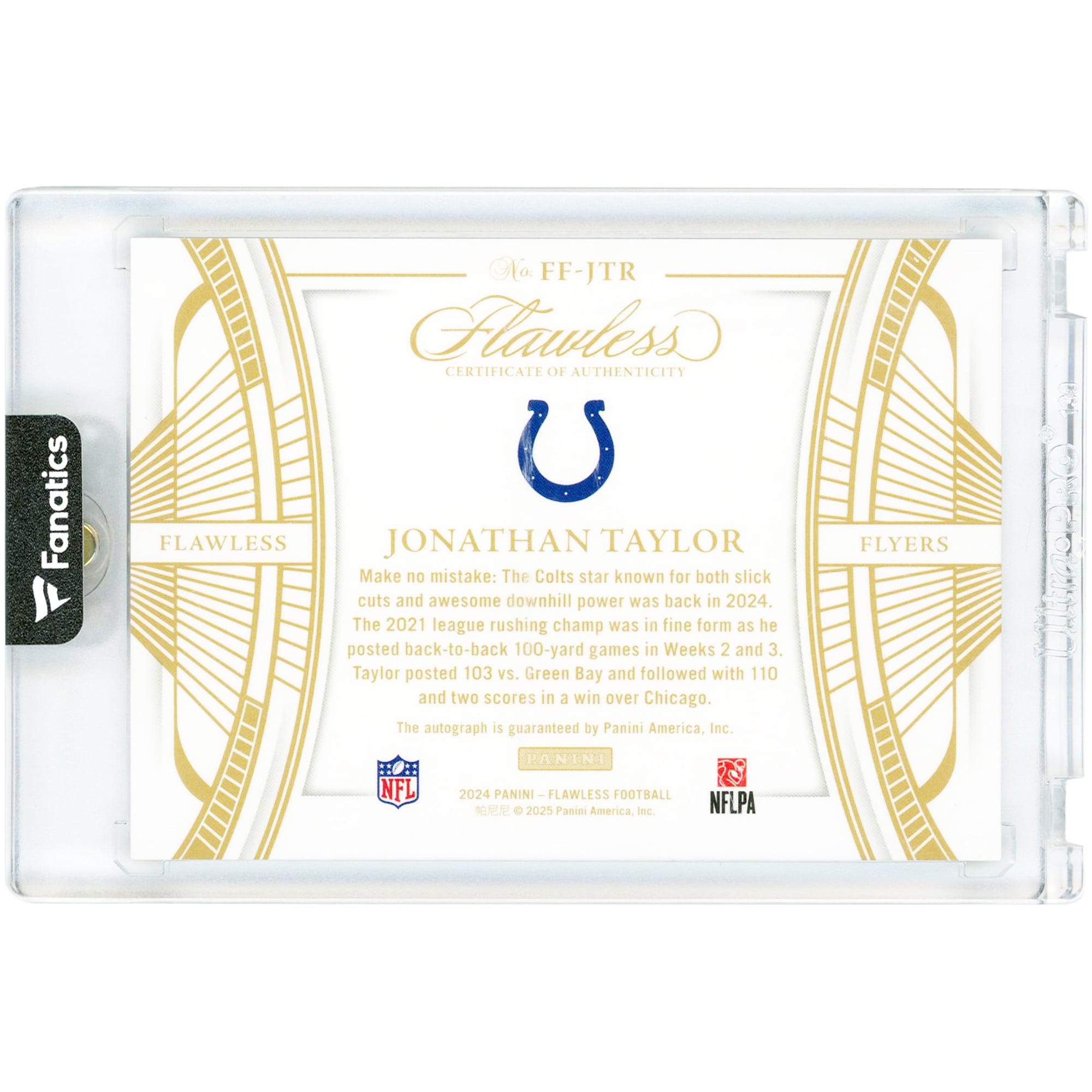 Jonathan Taylor Indianapolis Colts Autographed 2024 Panini Flawless Flyers #FF-JTR #17/25 Card