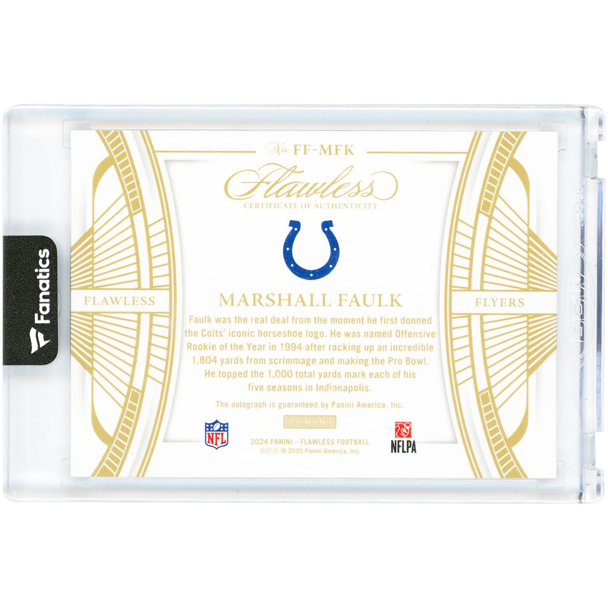 Carte autographiée de Marshall Faulk (Indianapolis Colts) - Collection Panini Flawless Flyers Ruby 2024 #FF-MFK #9/15